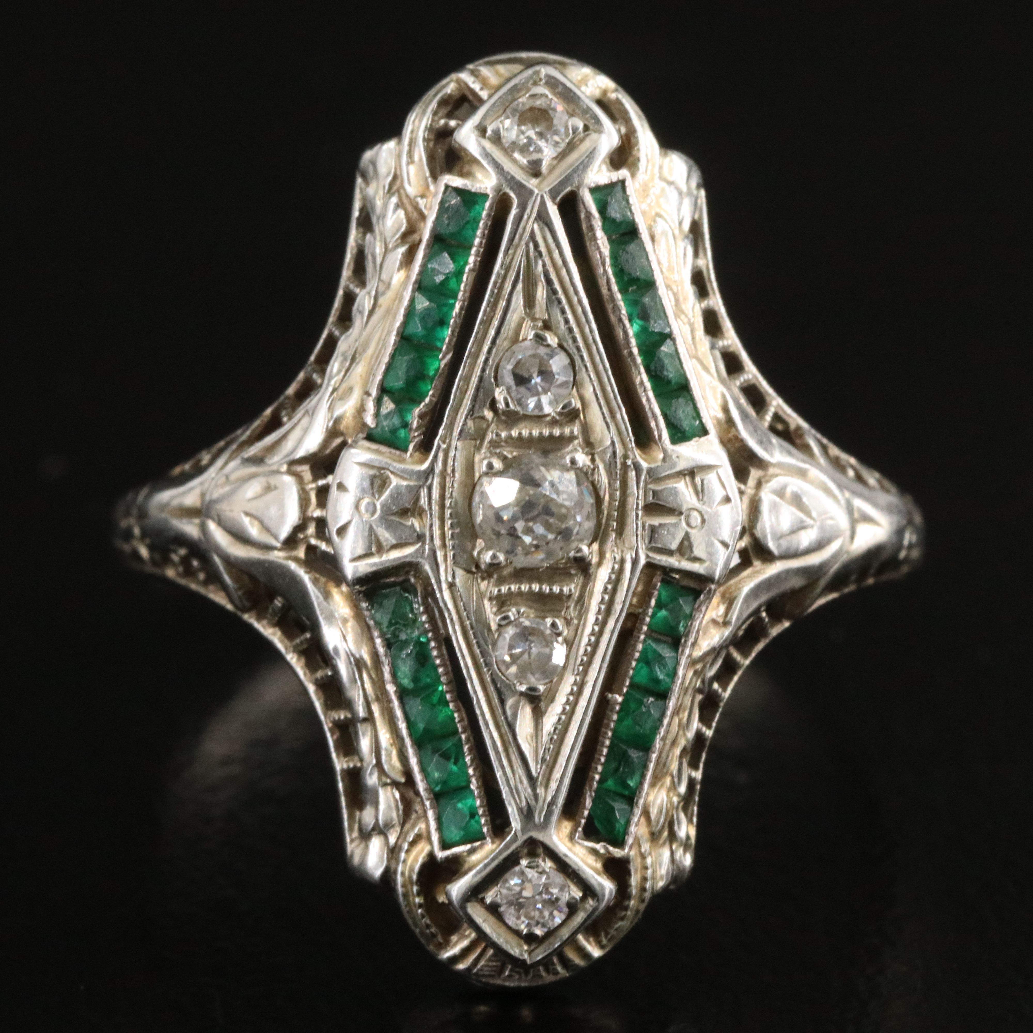 Art Deco J. R. Wood 18K 0.17 CTW Diamond and Green Glass Navette Ring