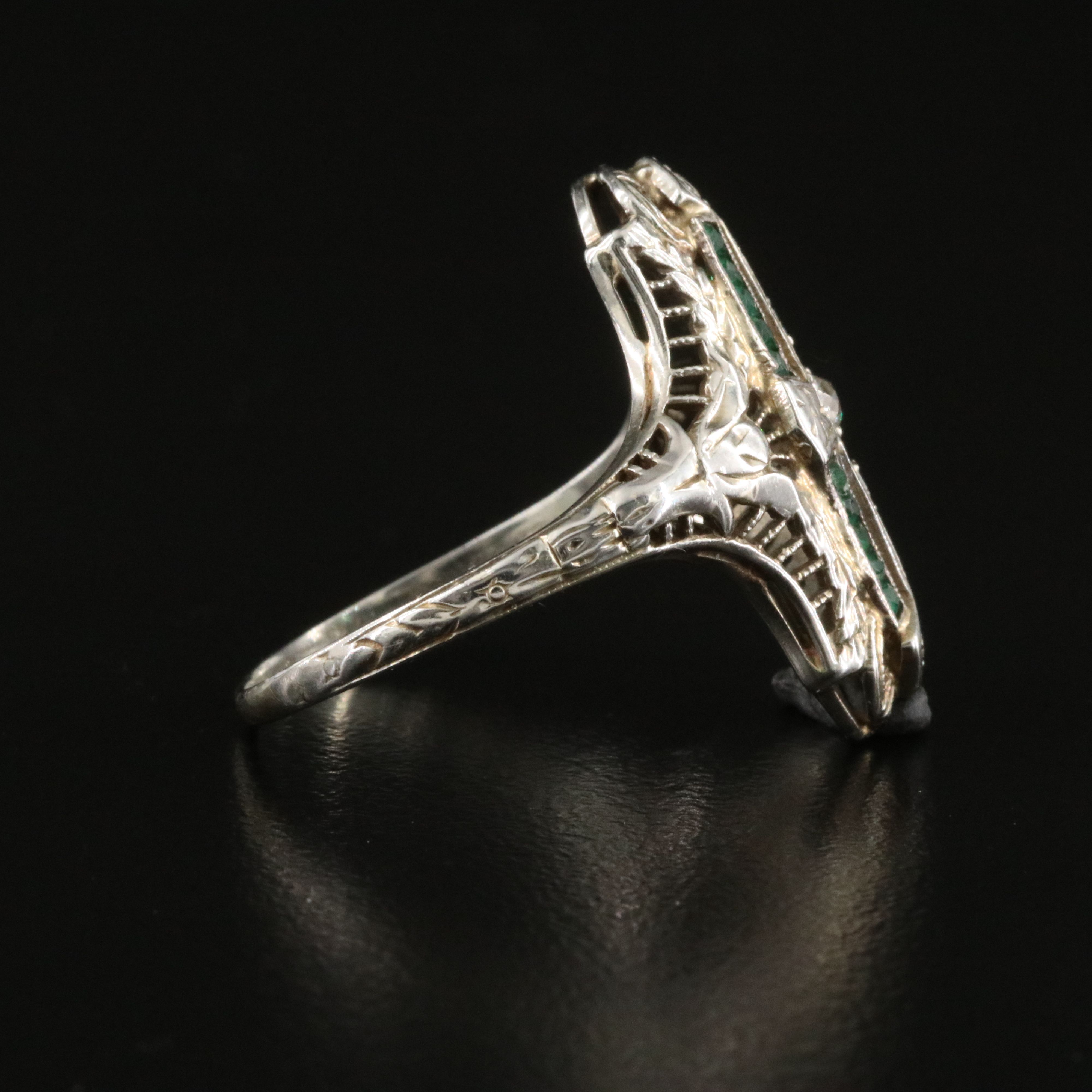 Art Deco J. R. Wood 18K 0.17 CTW Diamond and Green Glass Navette Ring