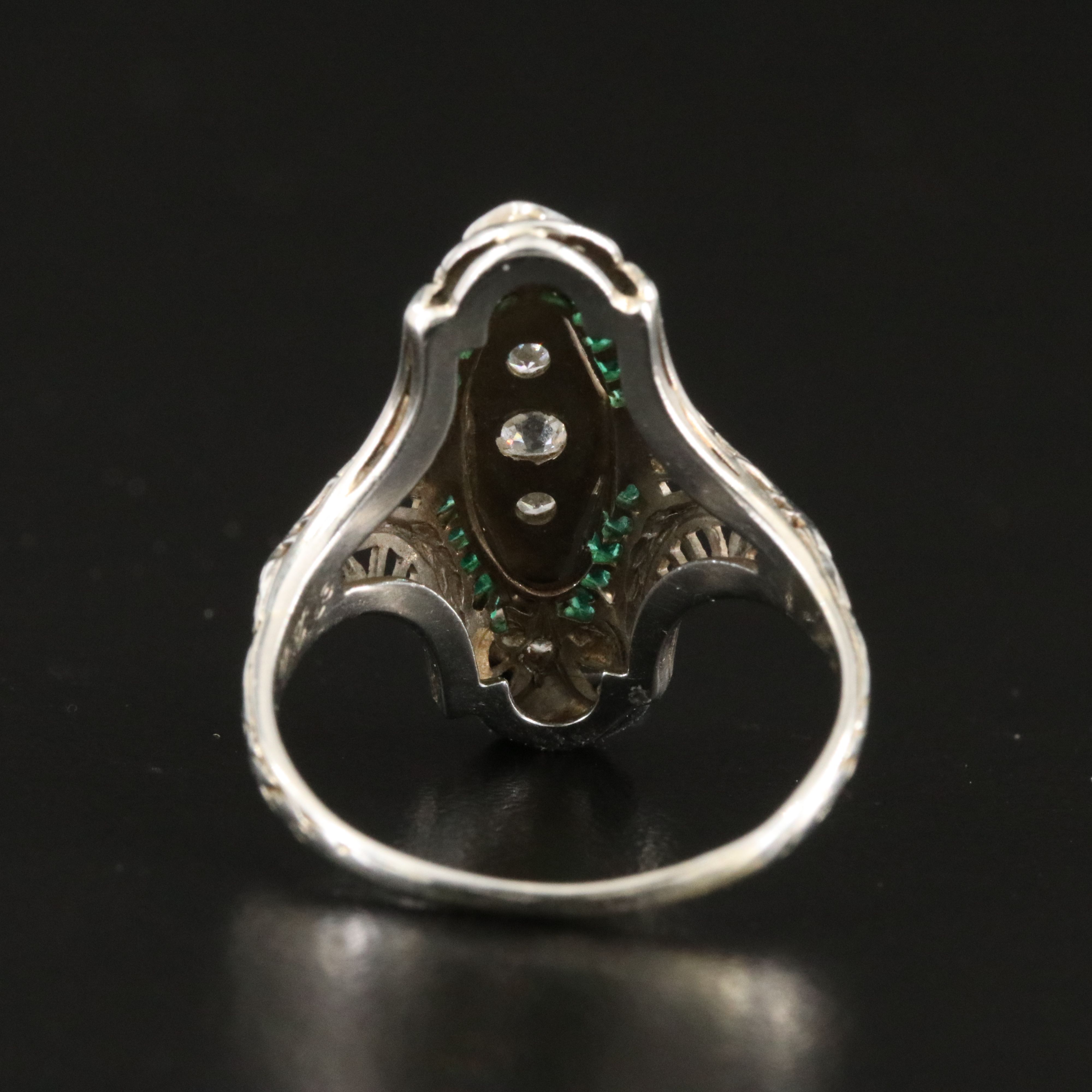 Art Deco J. R. Wood 18K 0.17 CTW Diamond and Green Glass Navette Ring
