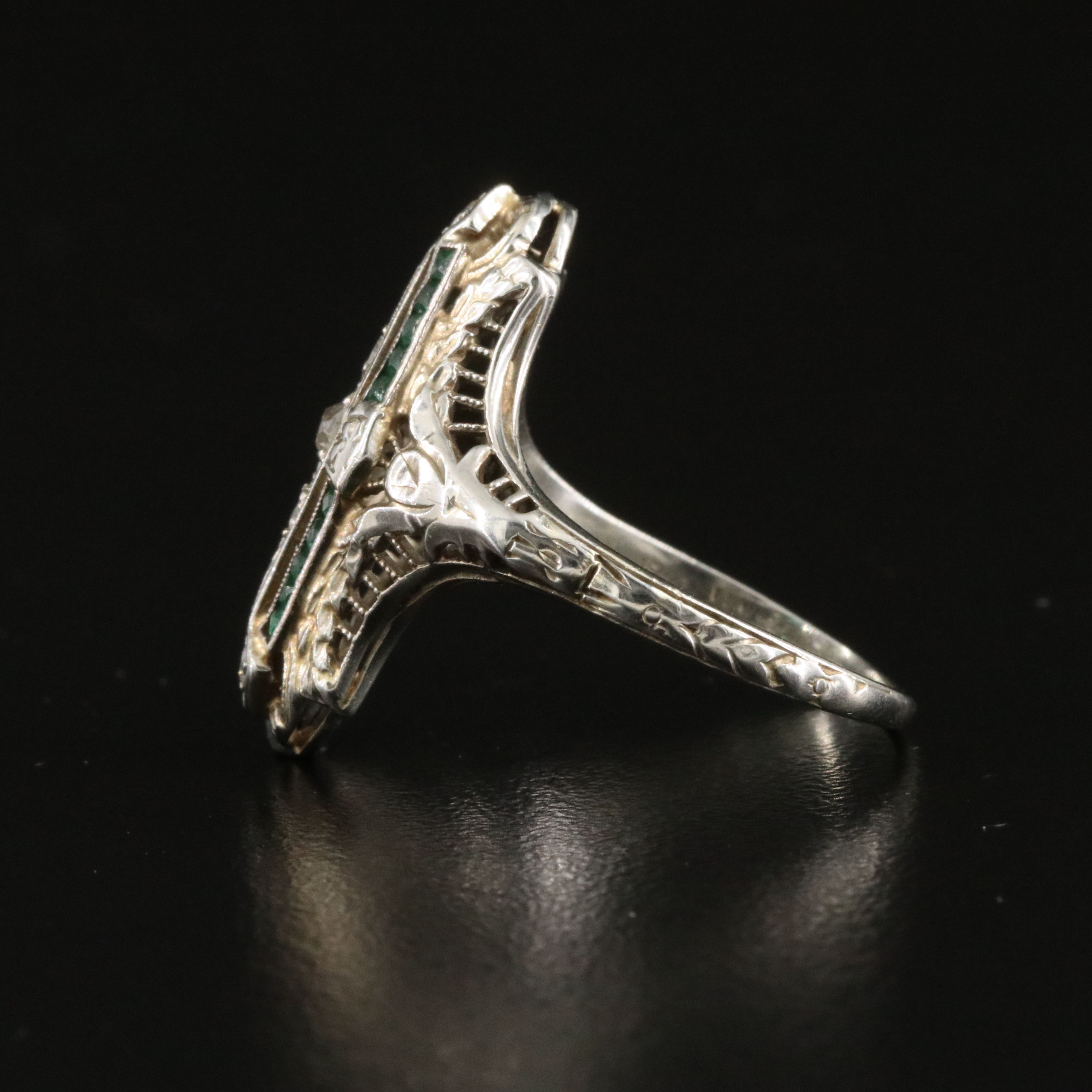 Art Deco J. R. Wood 18K 0.17 CTW Diamond and Green Glass Navette Ring