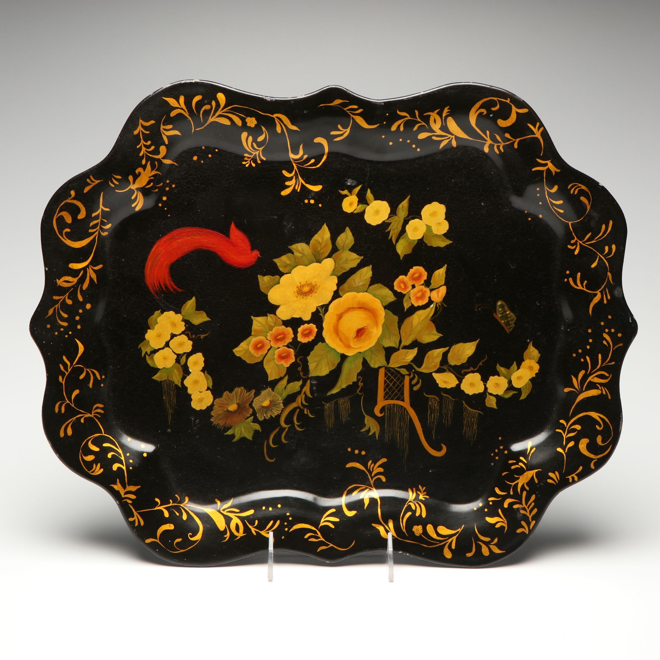 Lacquered and Hand-Painted Floral Metal Tray