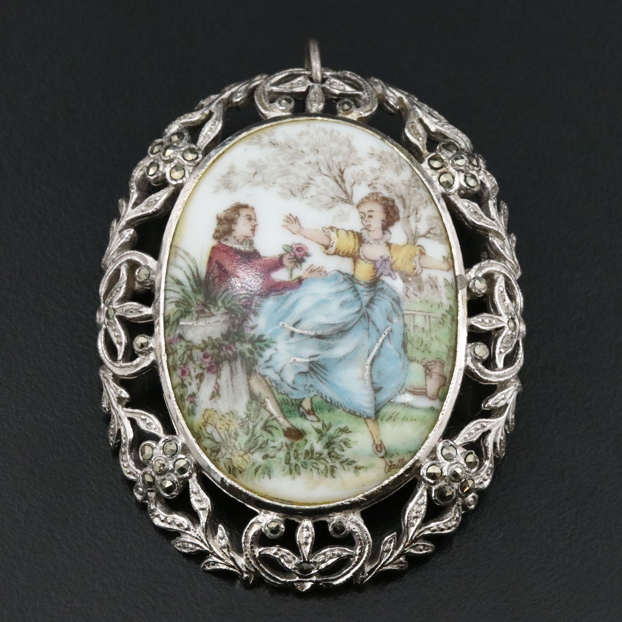 Vintage Limoges Porcelain and Marcasite Courting Converter Brooch