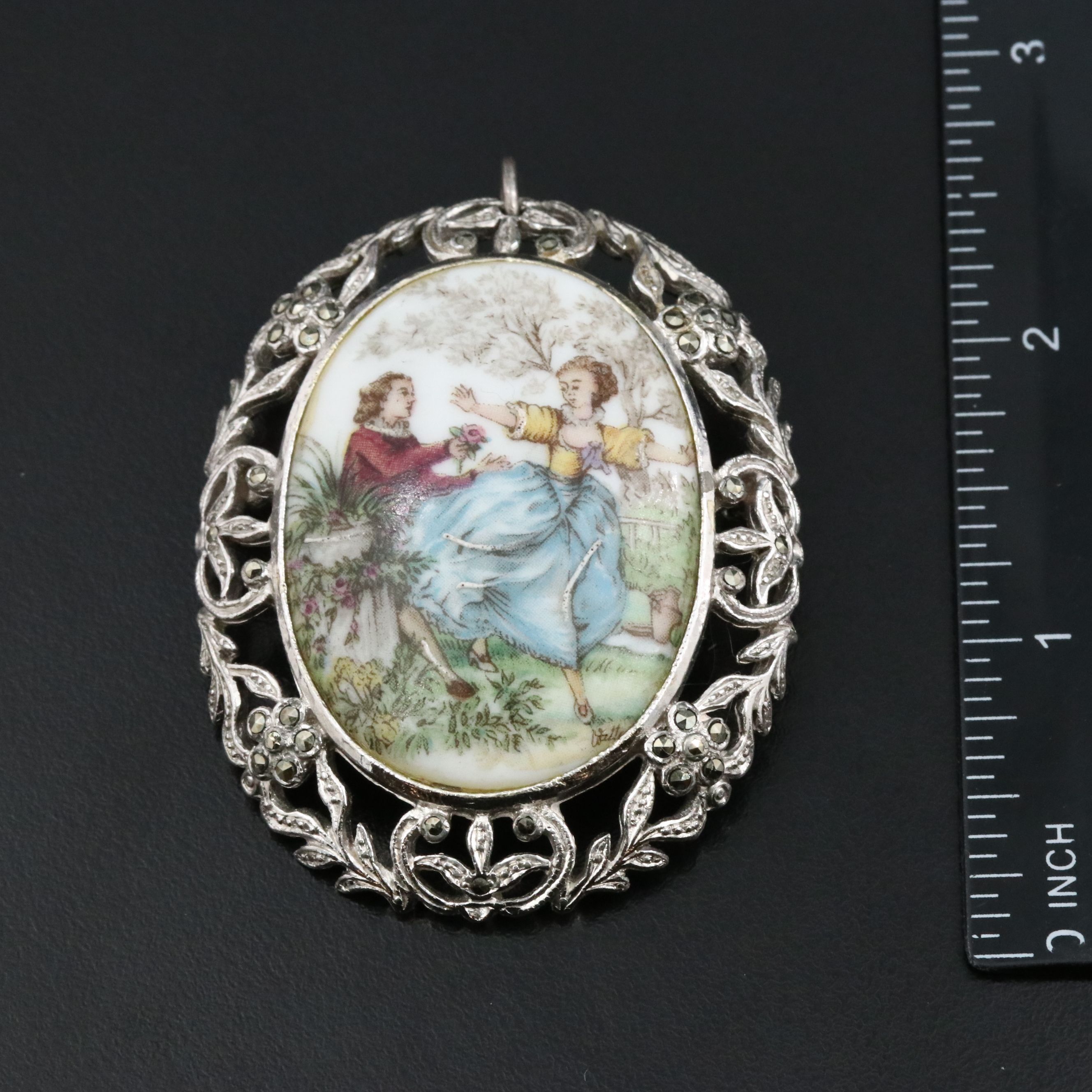 Vintage Limoges Porcelain and Marcasite Courting Converter Brooch