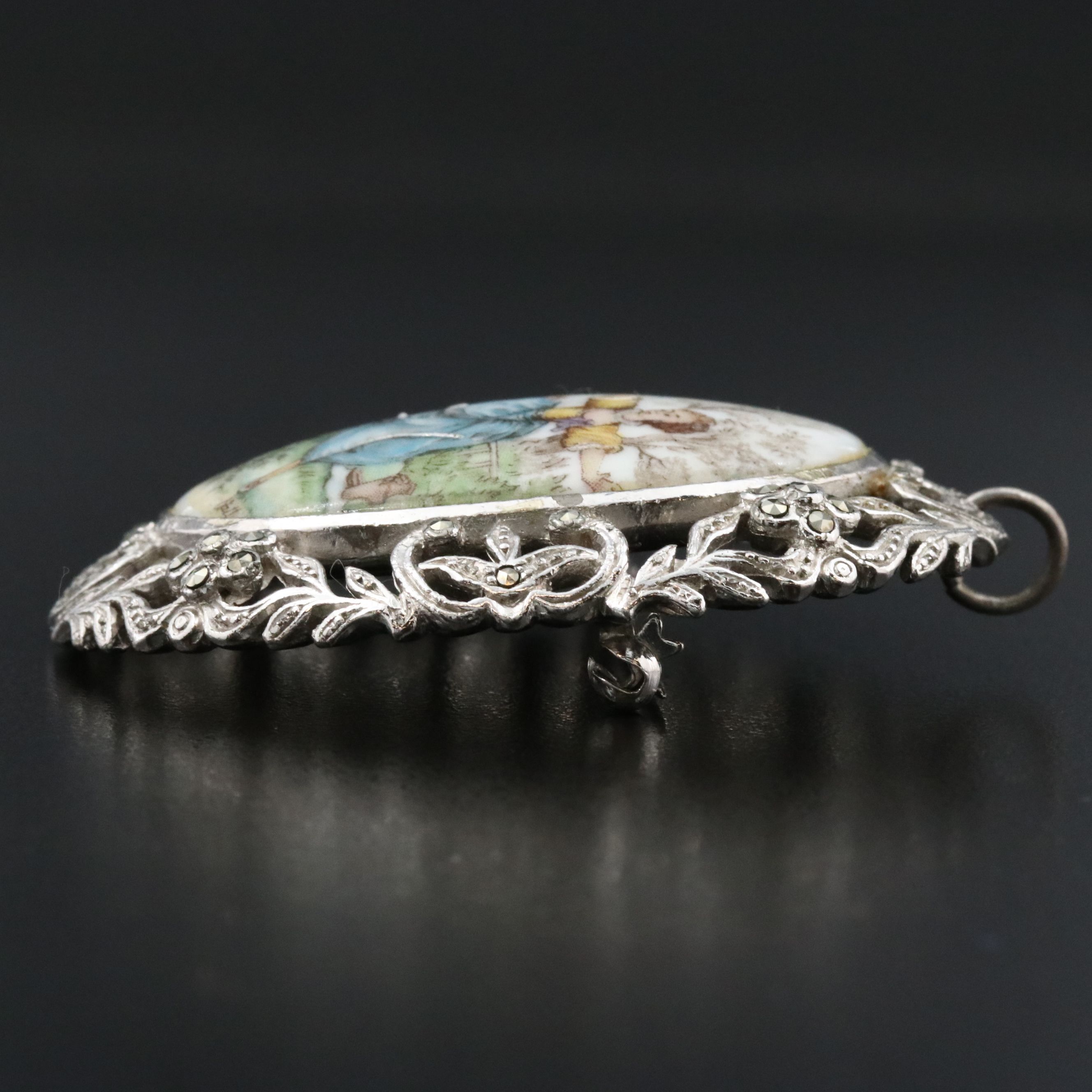 Vintage Limoges Porcelain and Marcasite Courting Converter Brooch