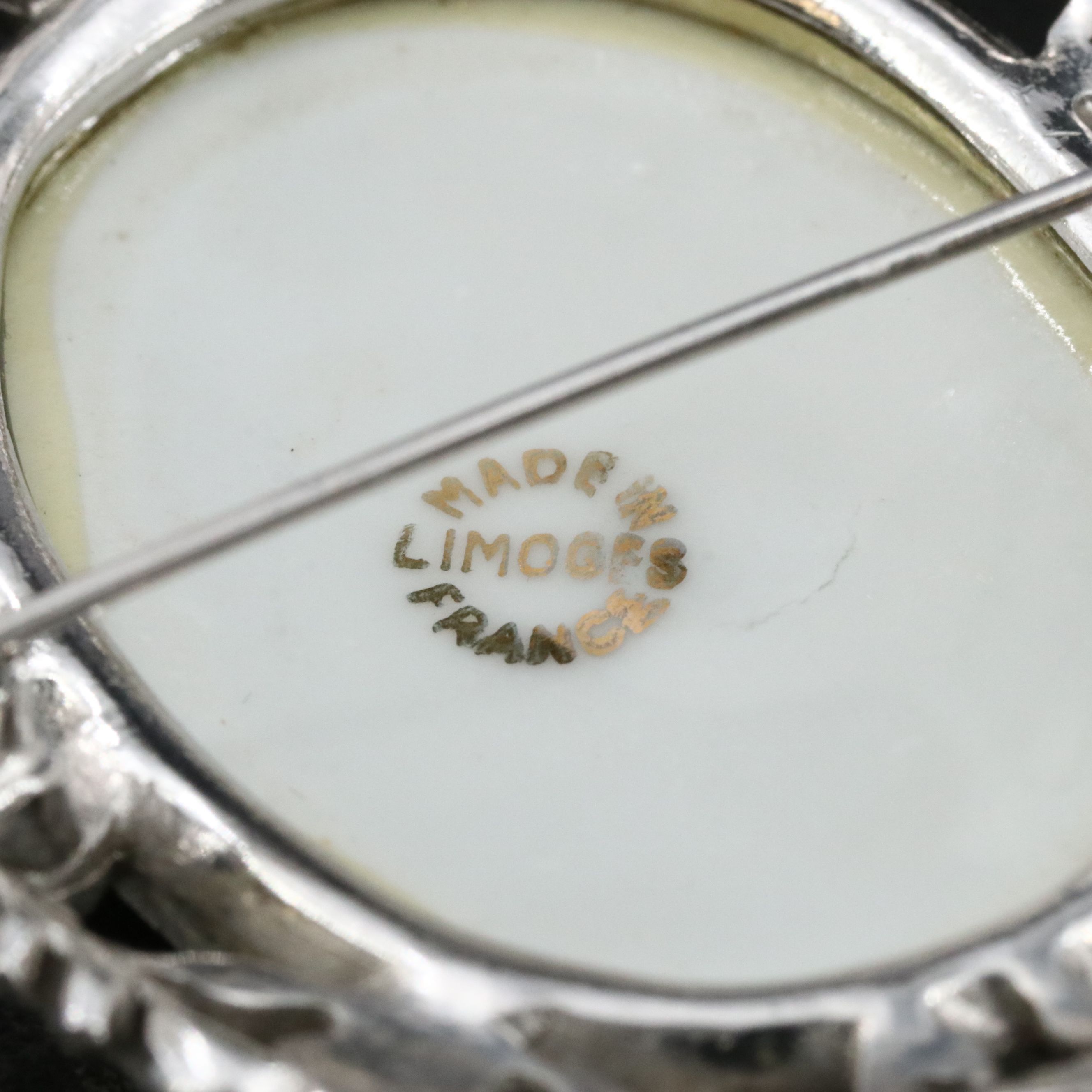 Vintage Limoges Porcelain and Marcasite Courting Converter Brooch