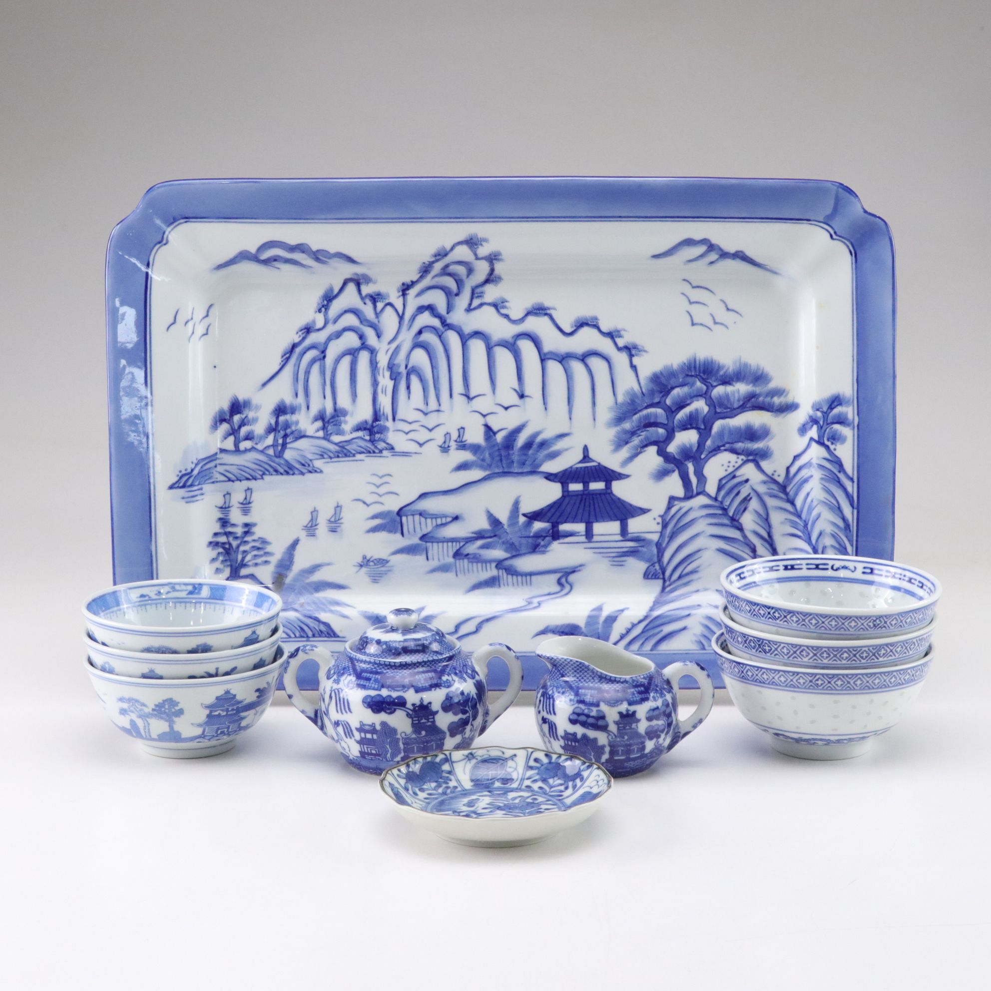 Chinese Blue and White Porcelain Pagoda Tray with Creamer, Sugar and More