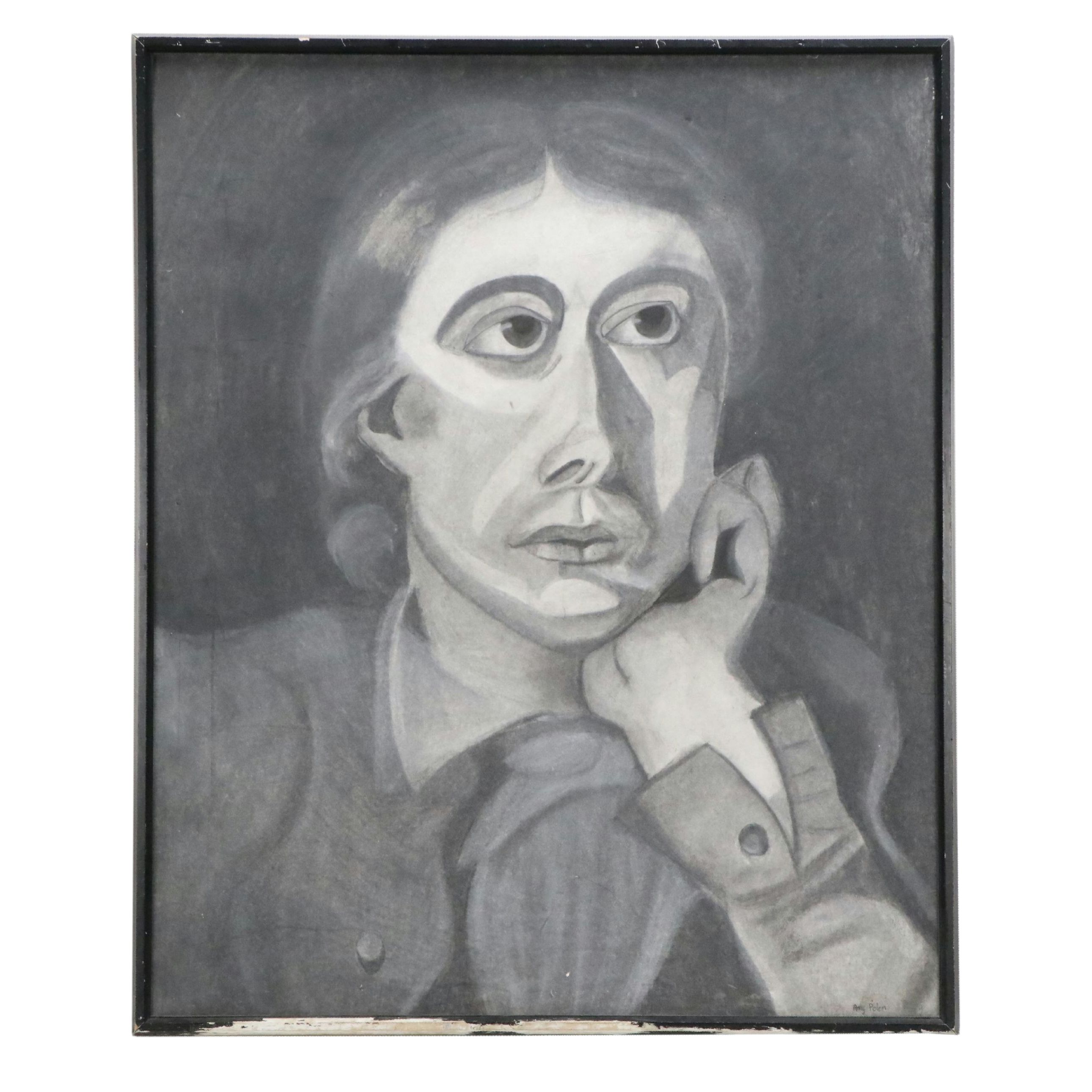 Amy Polen Charcoal Portrait Drawing of Woman, Mid to Late 20th Century