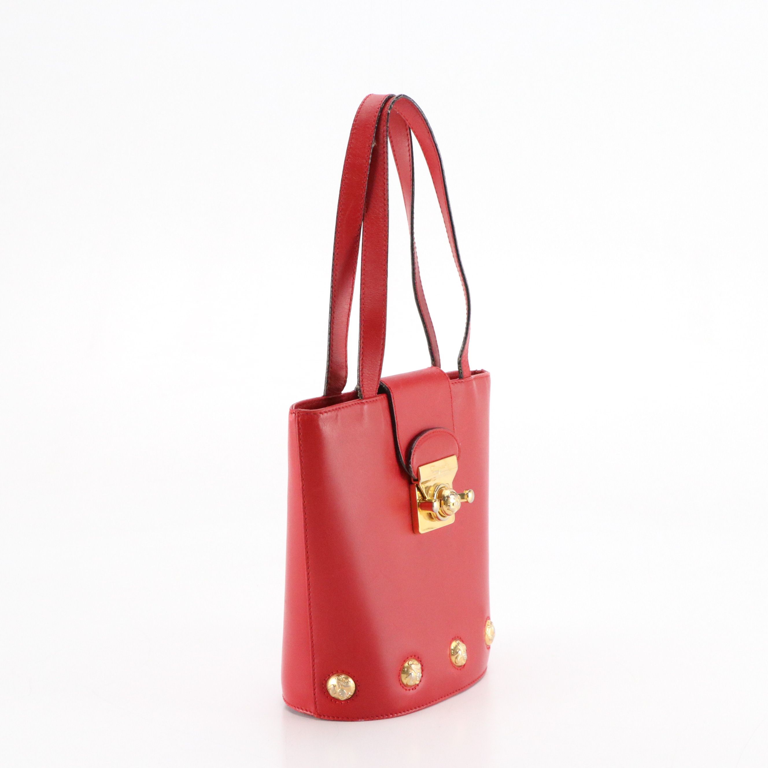 Salvatore Ferragamo Small Bucket Bag in Shoe Studded Red Leather