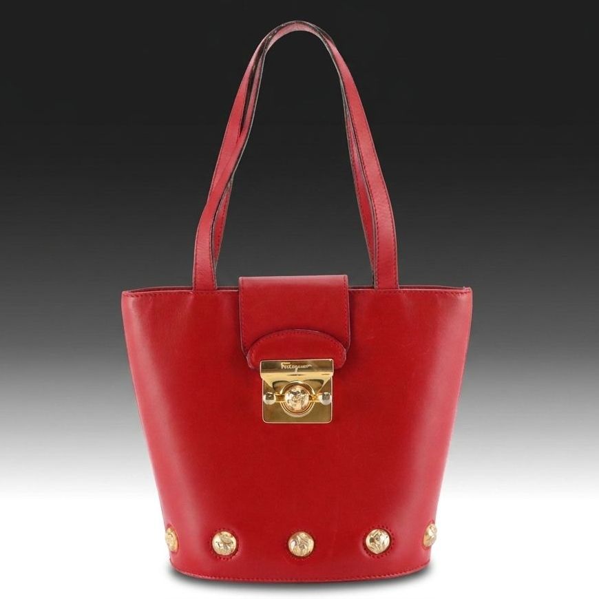 Salvatore Ferragamo Small Bucket Bag in Shoe Studded Red Leather
