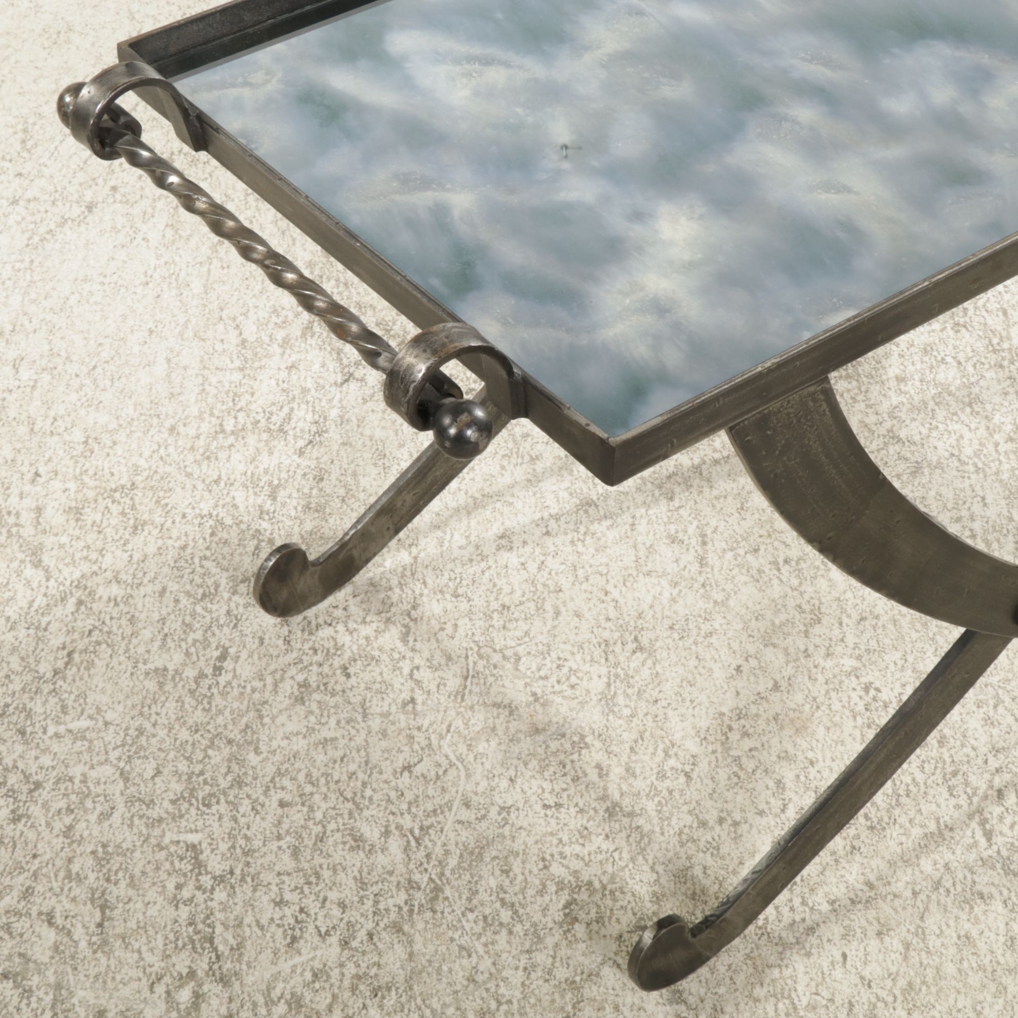 Wrought Iron Tray-Style Coffee Table with Smoked Glass Mirror Top