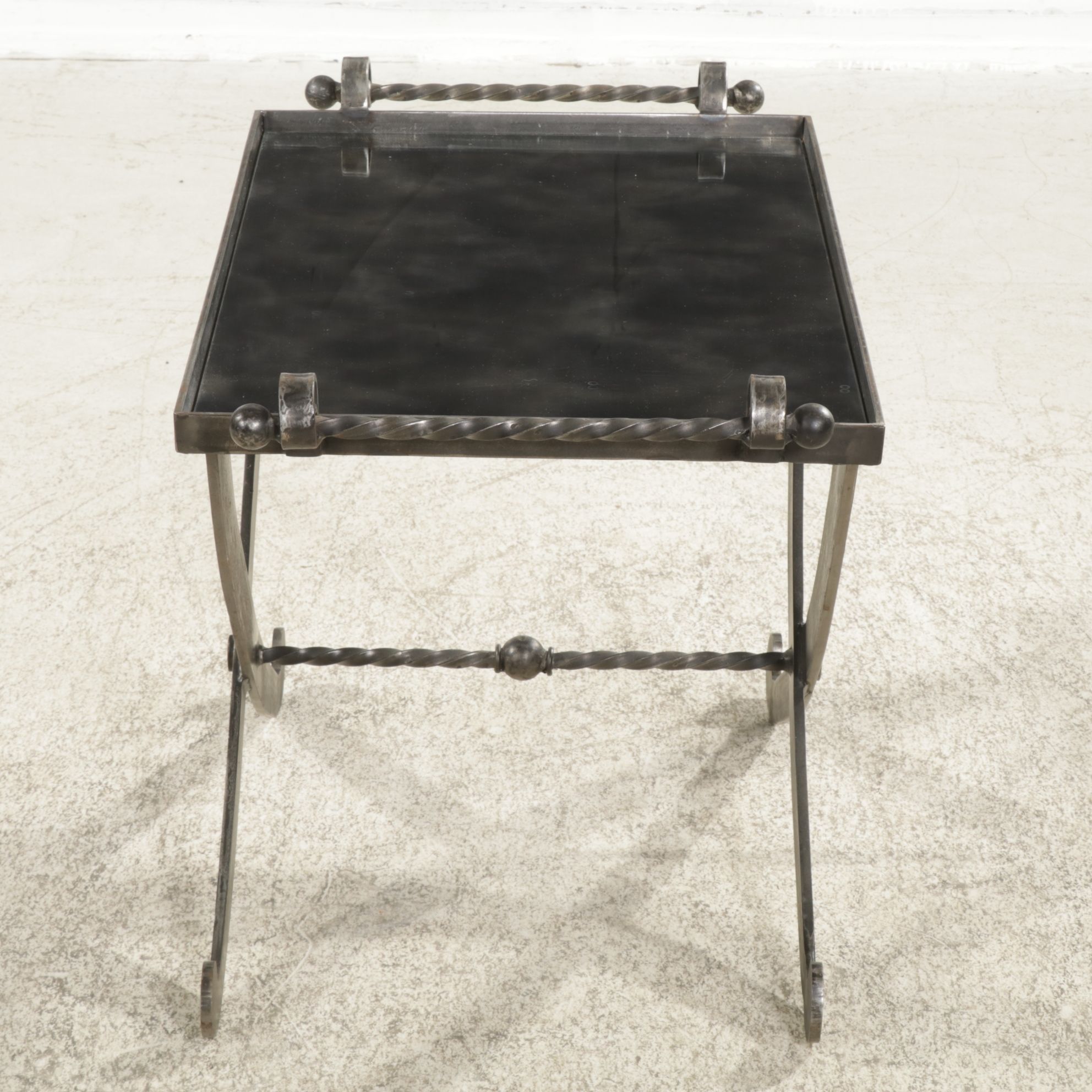 Wrought Iron Tray-Style Coffee Table with Smoked Glass Mirror Top