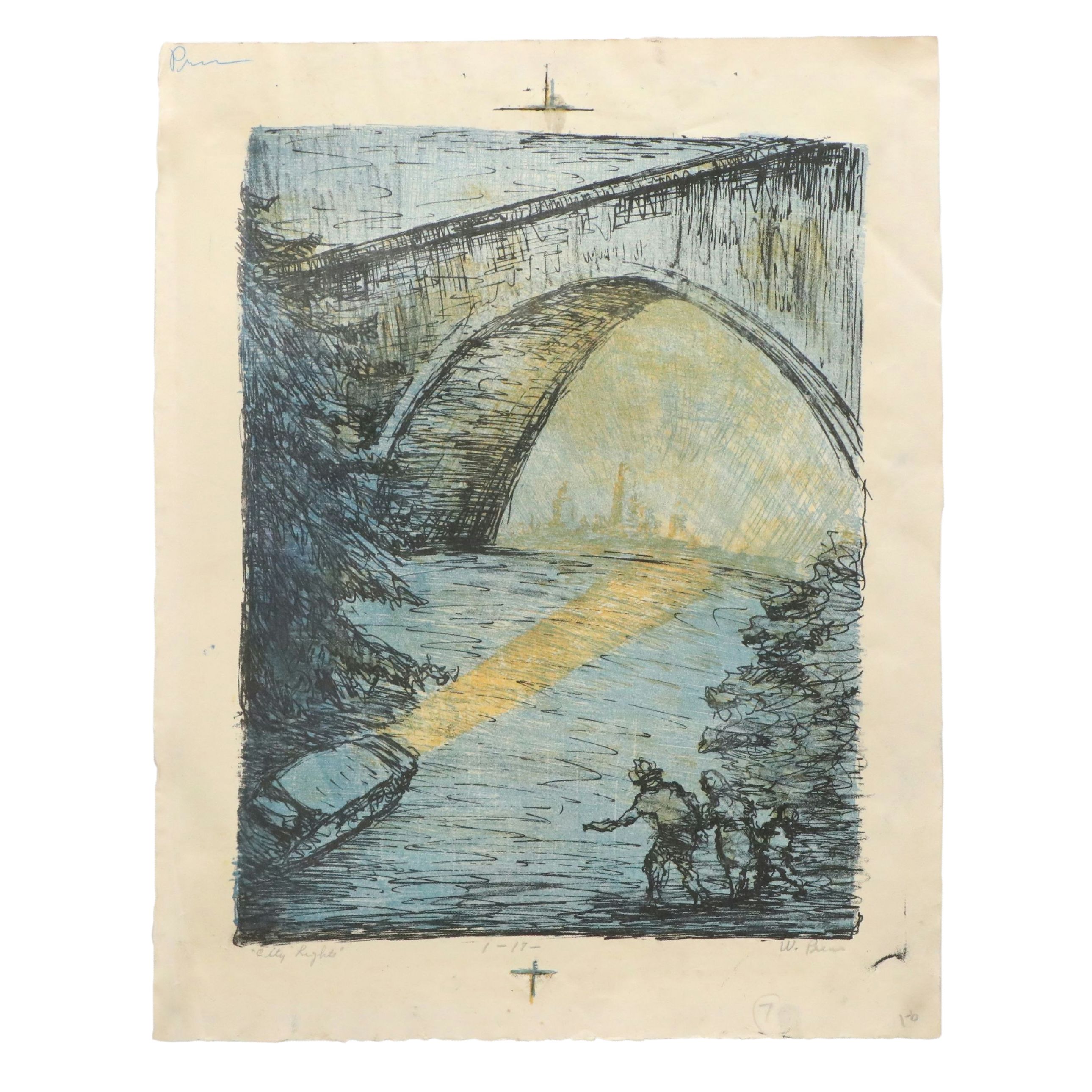 W. Prius Color Lithograph "City Lights," Late 20th Century