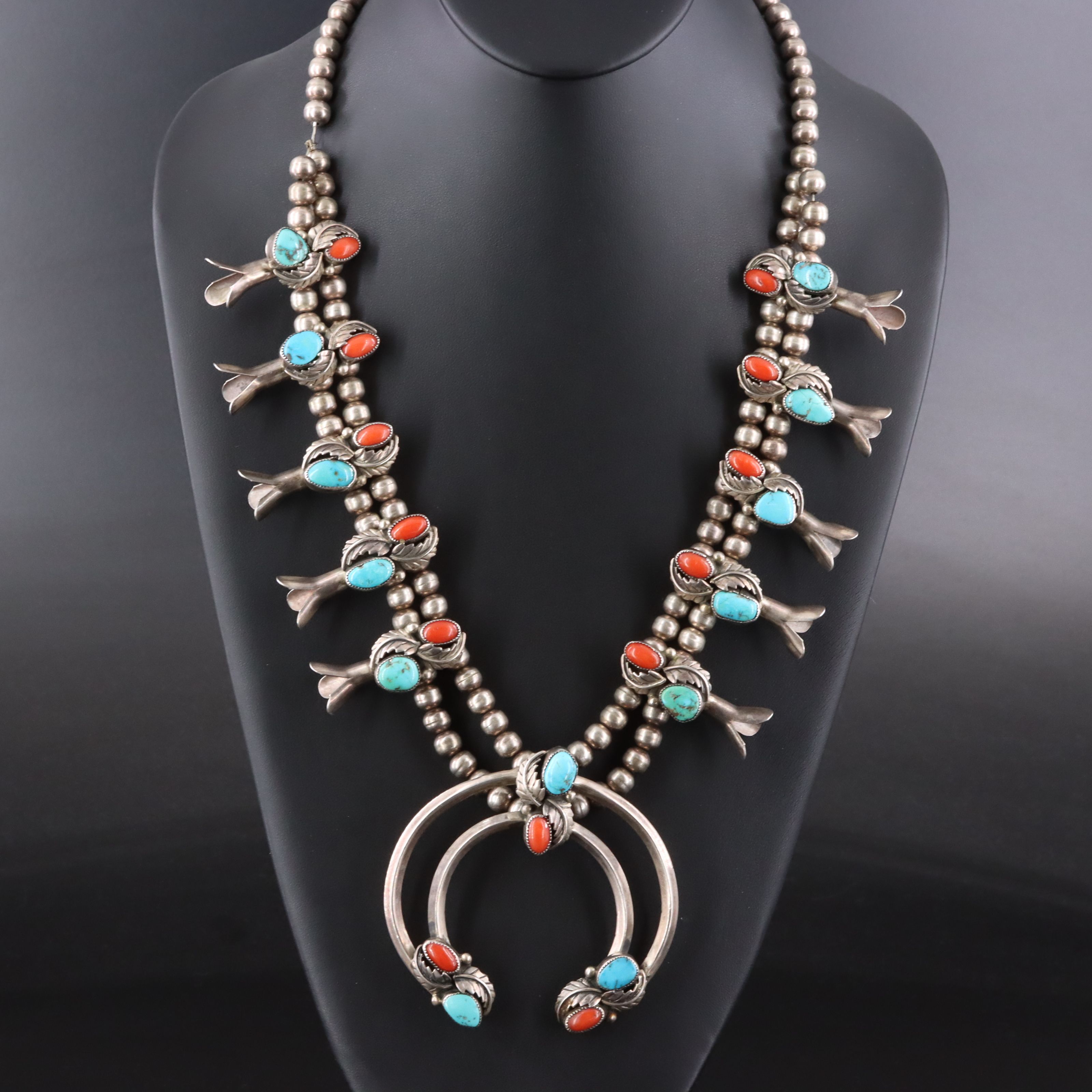 Signed Southwestern Sterling Turquoise & Coral Squash Blossom Necklace