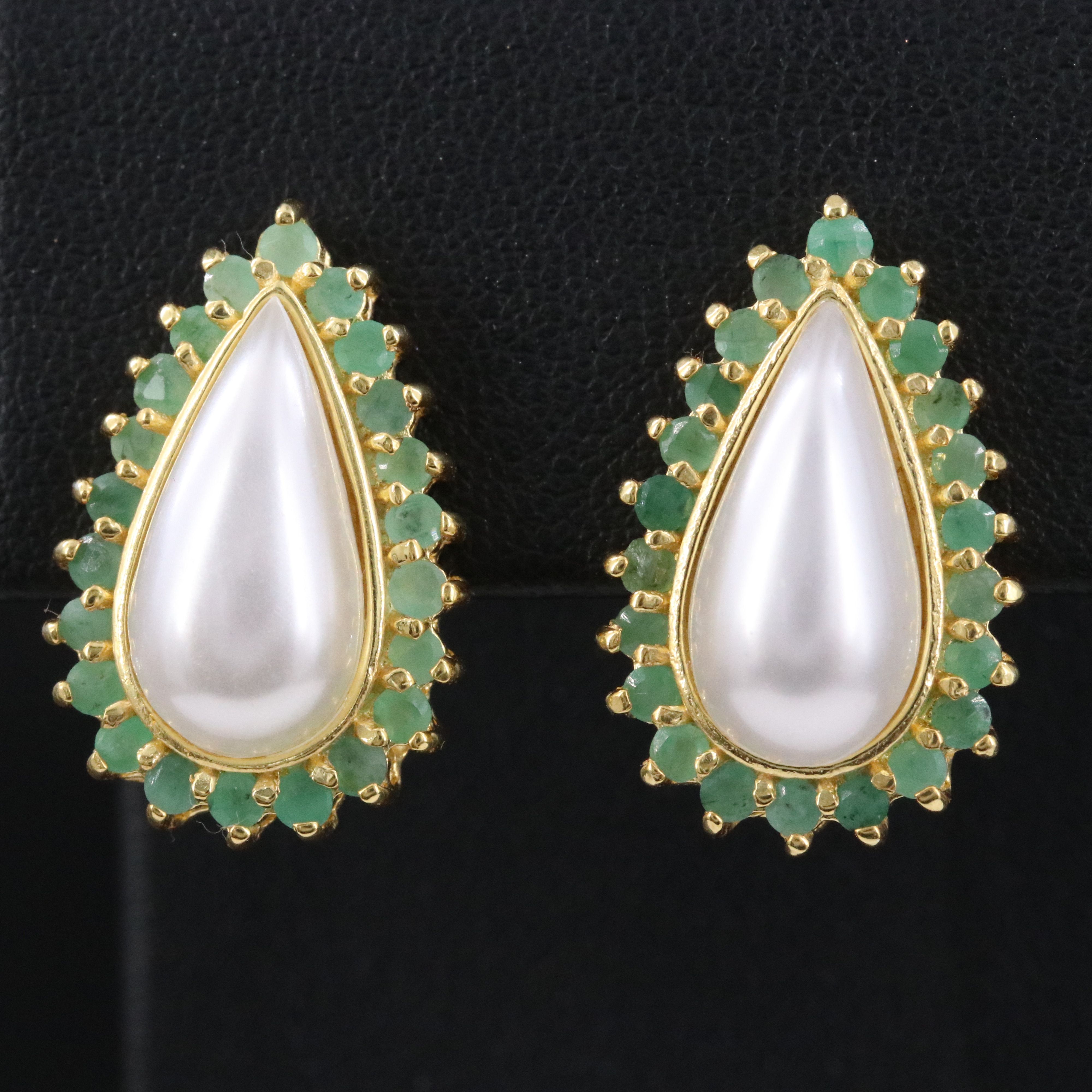 Sterling Faux Pearl and Emerald Earrings