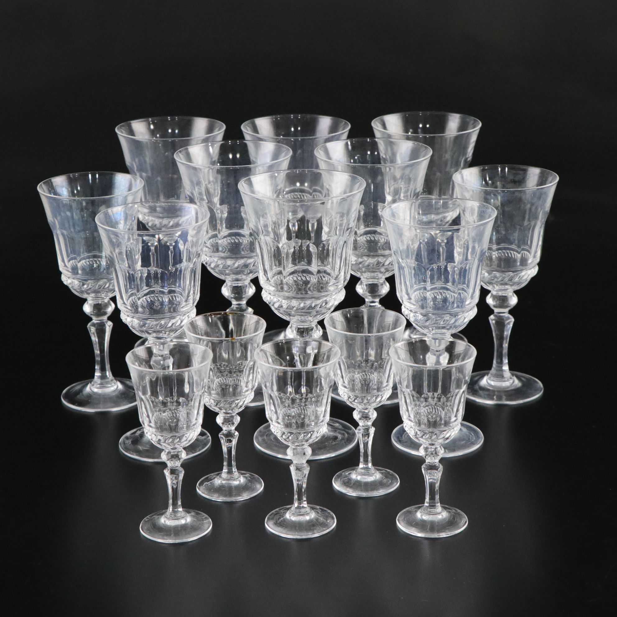 Cristal d'Arques-Durand "Fontainebleau" Water Goblets, Wine and Cordial Glasses
