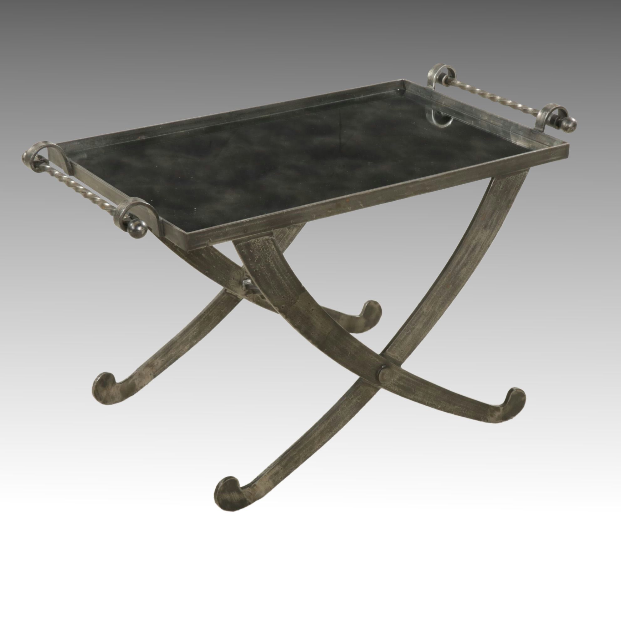 Wrought Iron Tray-Style Coffee Table with Smoked Glass Mirror Top