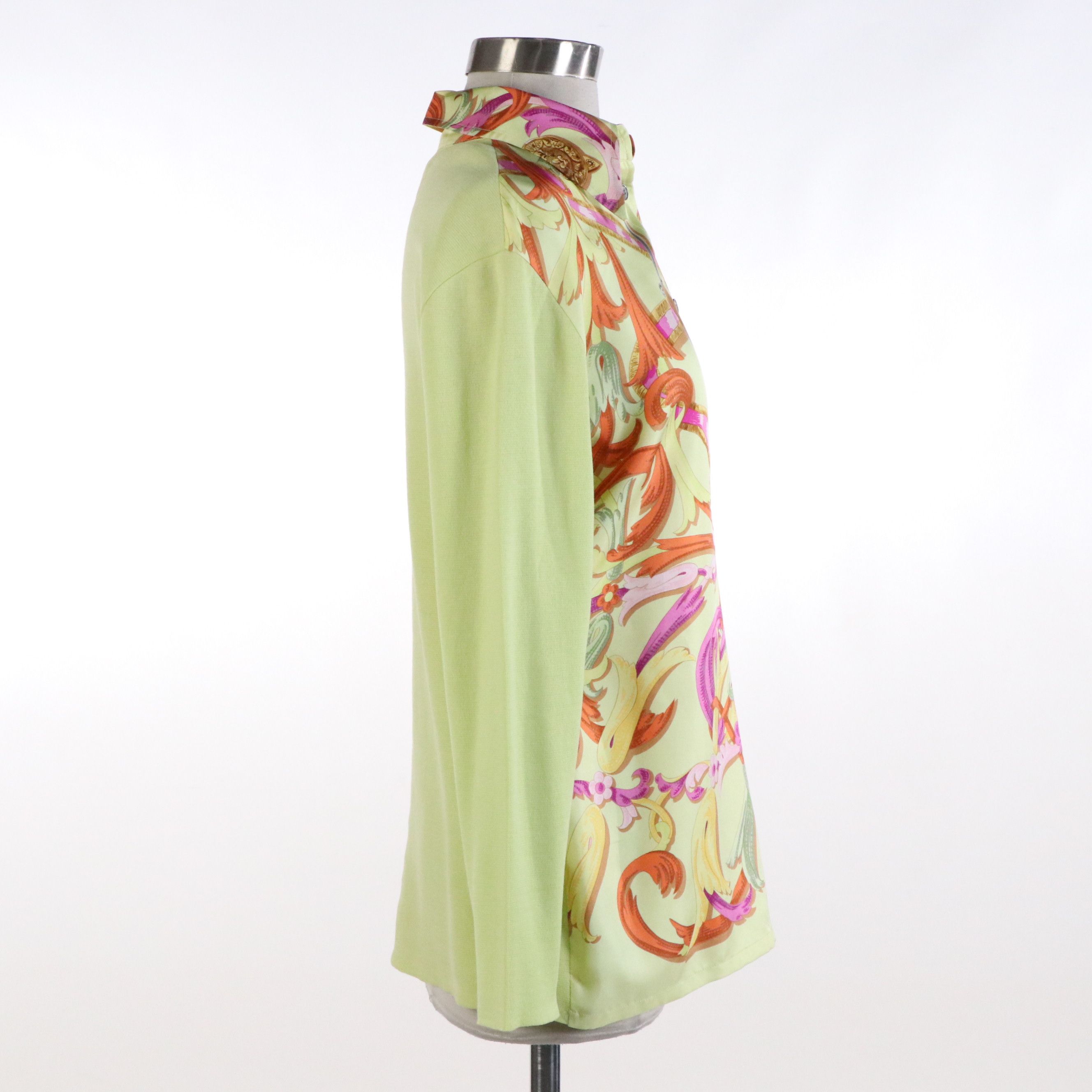 Hermès Printed Silk and Lime Green Cotton Knit Top