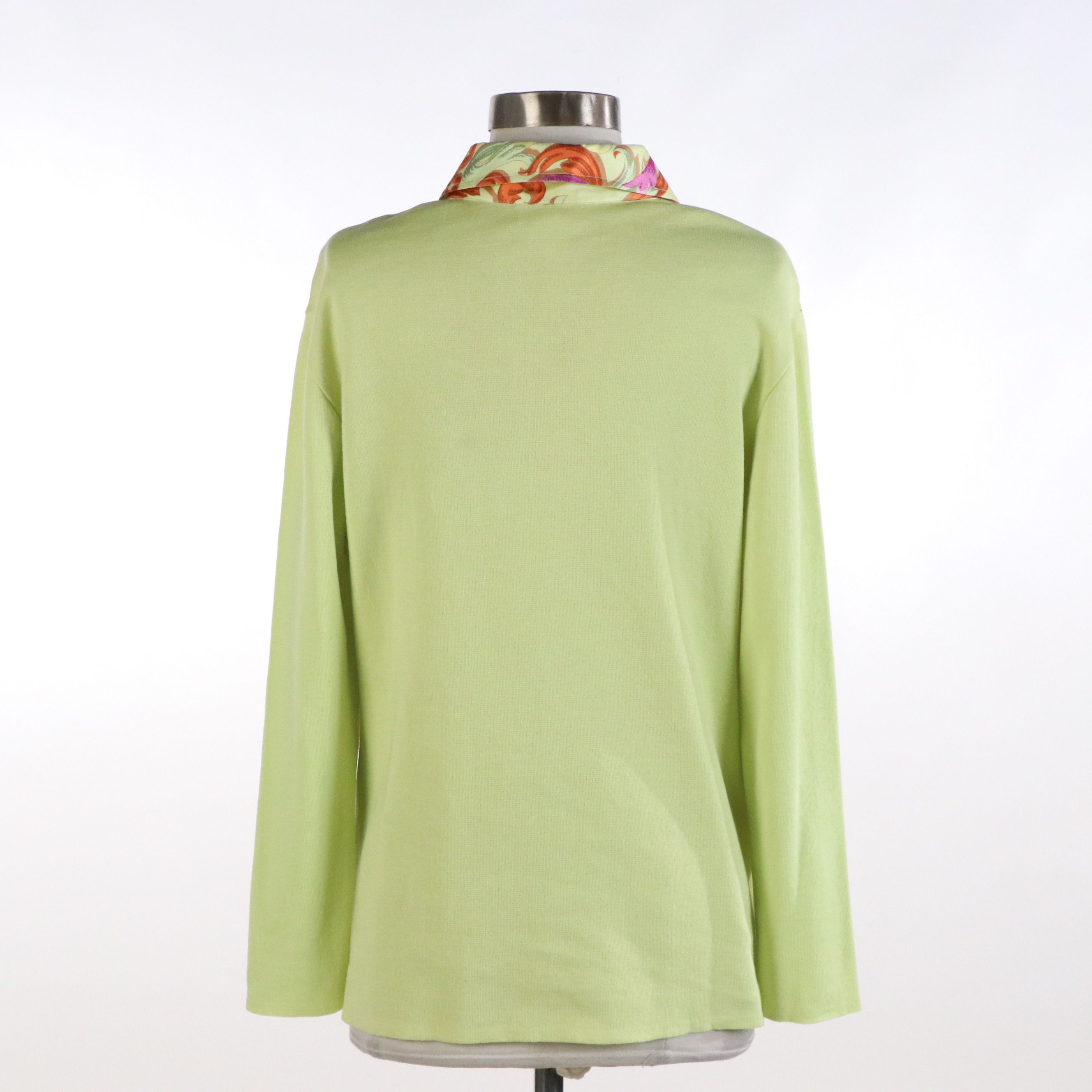 Hermès Printed Silk and Lime Green Cotton Knit Top