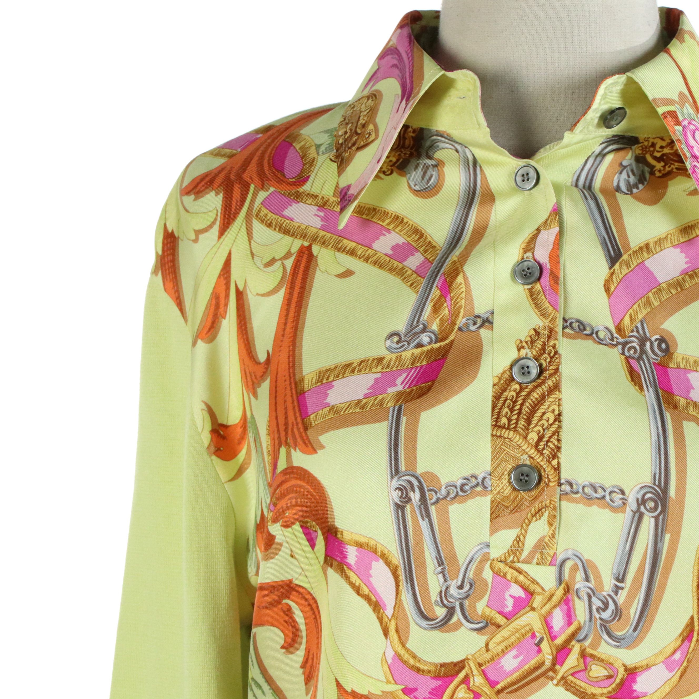 Hermès Printed Silk and Lime Green Cotton Knit Top