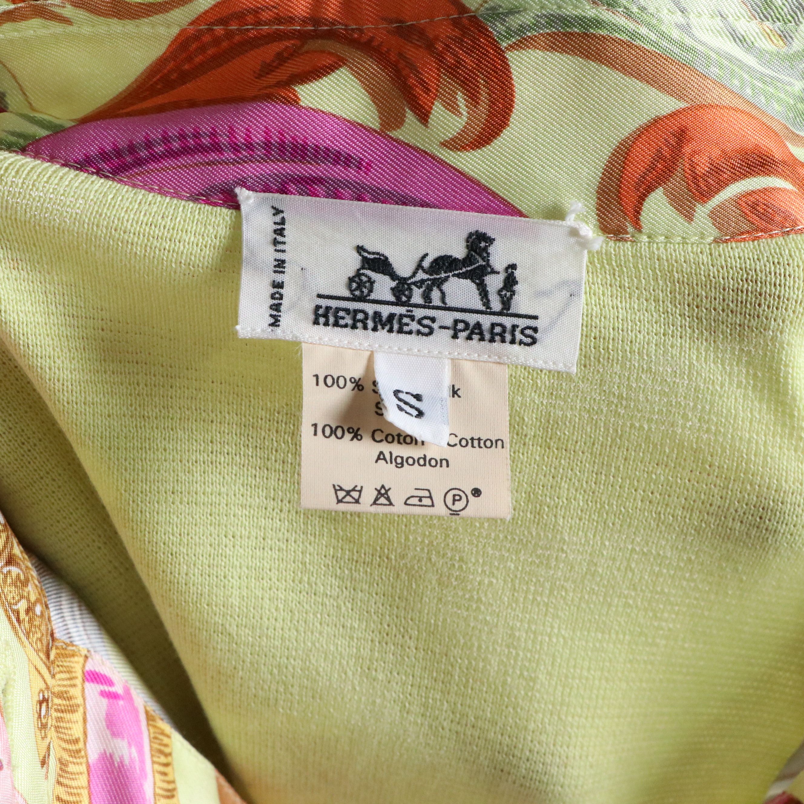 Hermès Printed Silk and Lime Green Cotton Knit Top