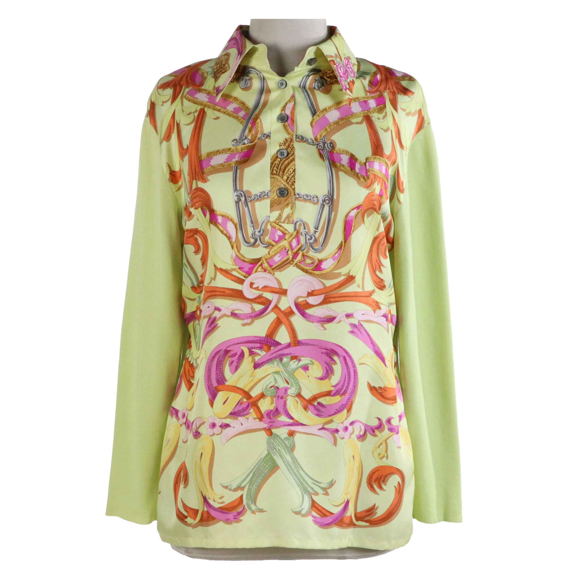 Hermès Printed Silk and Lime Green Cotton Knit Top