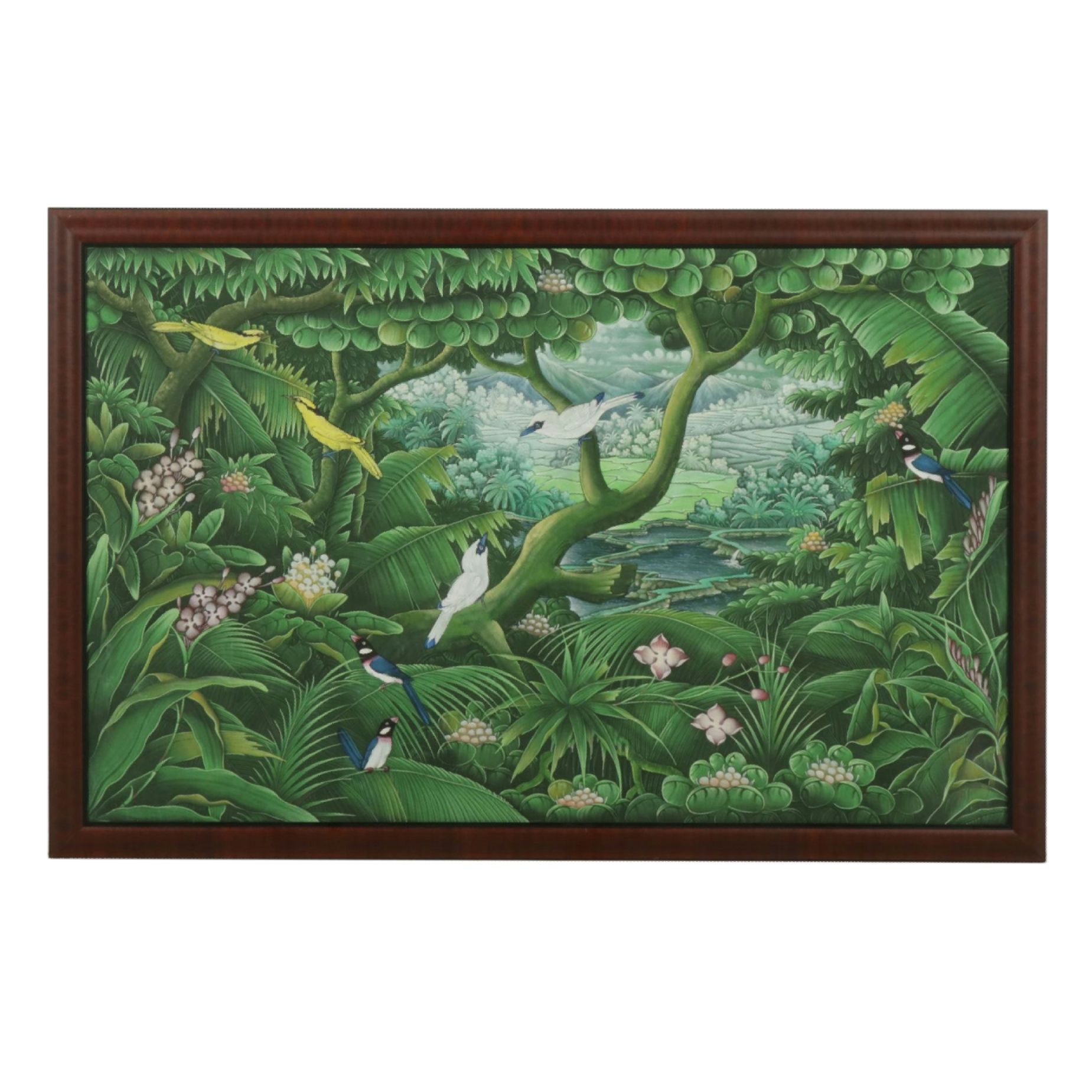 Balinese Style Landscape Acrylic Painting of Lush Jungle with Tropical Birds