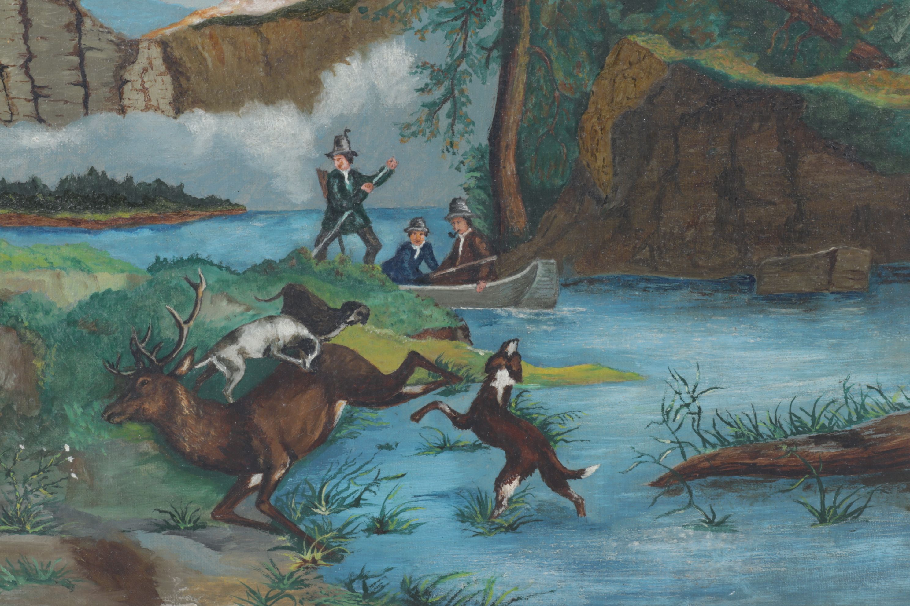 American School Style Acrylic Painting of Hunting Scene, Early 20th Century