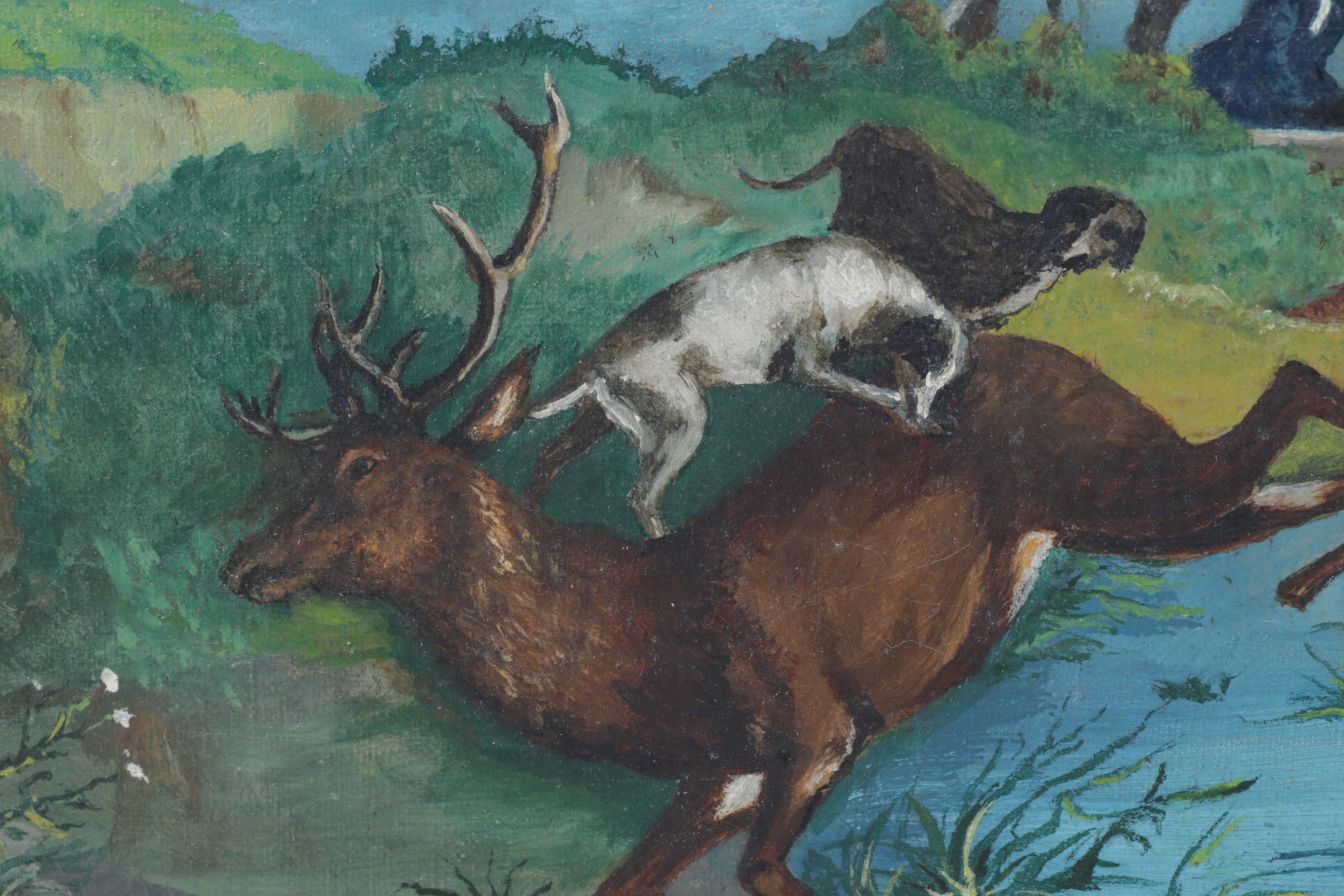 American School Style Acrylic Painting of Hunting Scene, Early 20th Century