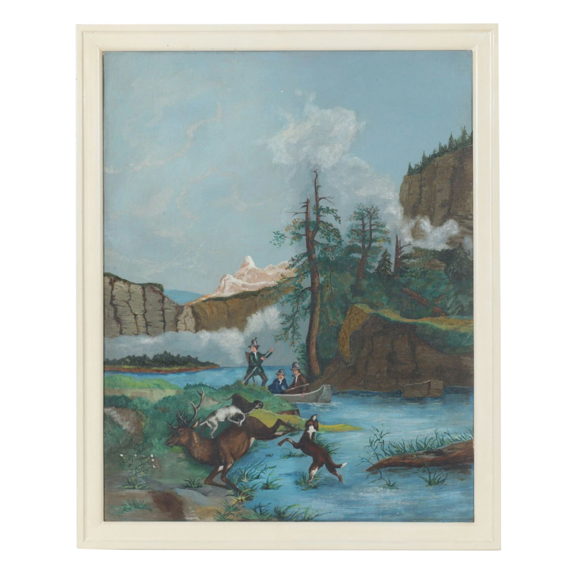 American School Style Acrylic Painting of Hunting Scene, Early 20th Century