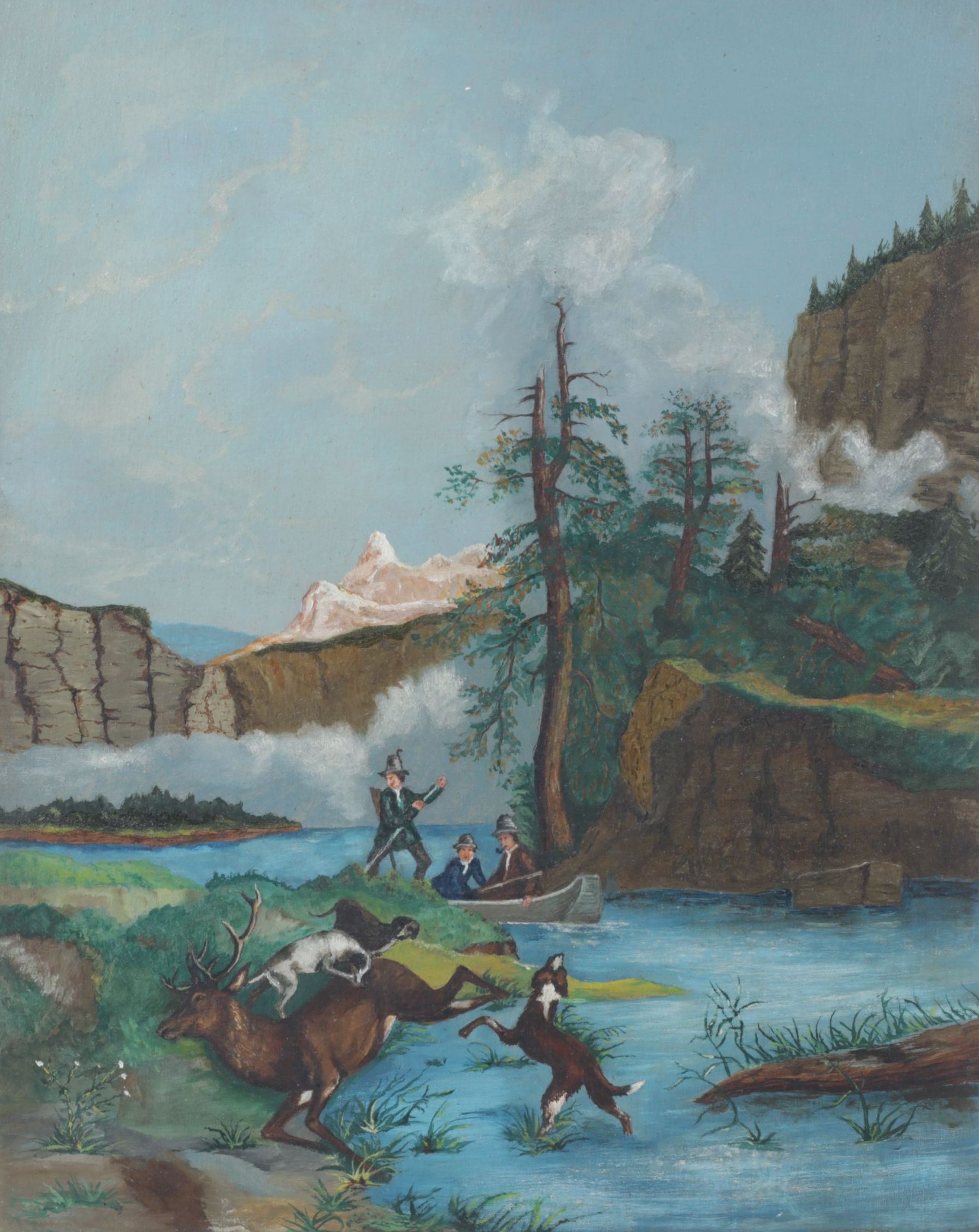 American School Style Acrylic Painting of Hunting Scene, Early 20th Century