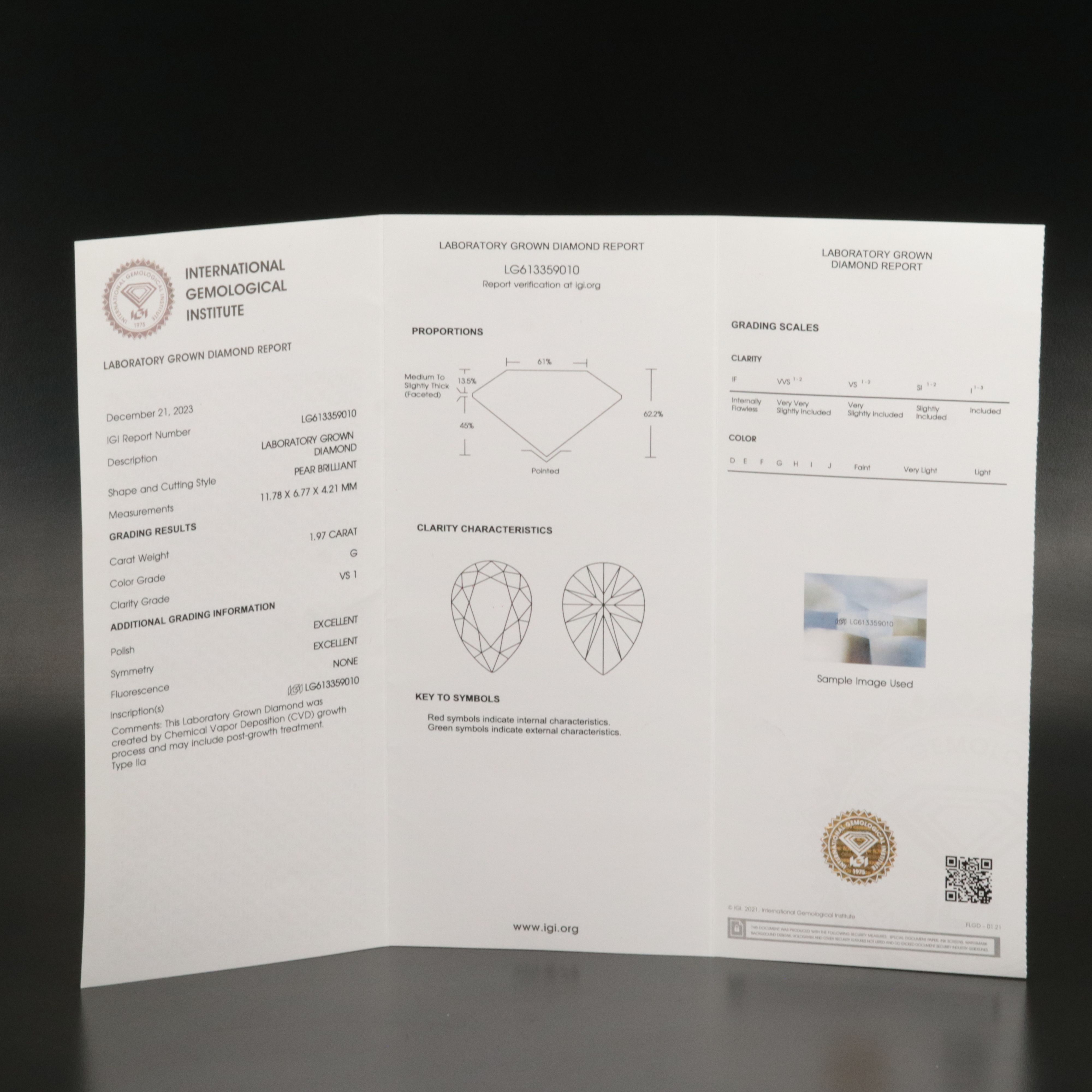 Loose 1.97 CT Lab Grown Diamond with IGI Report