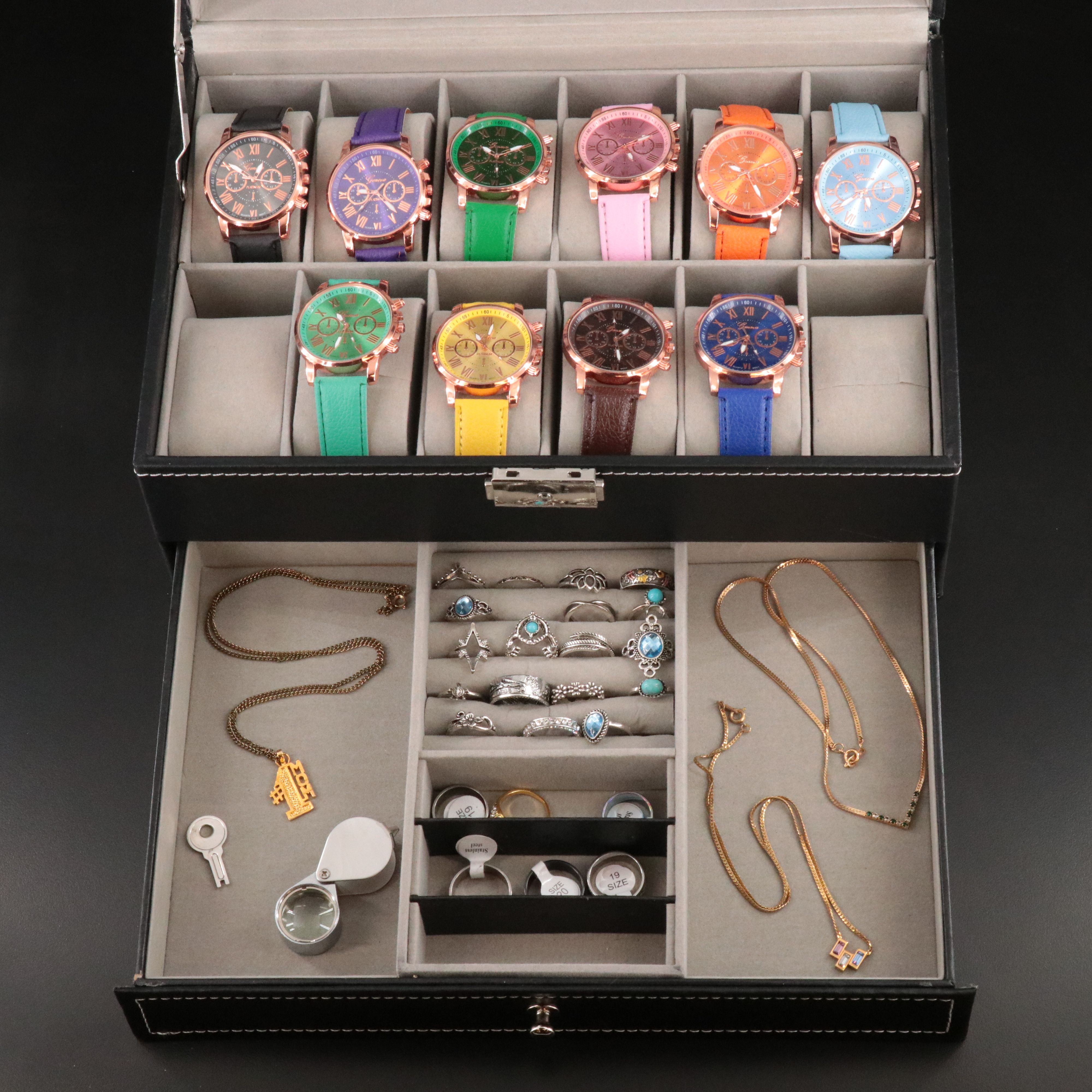 Collection of Geneva Quartz Watches and Other Jewelry in Jewelry Box