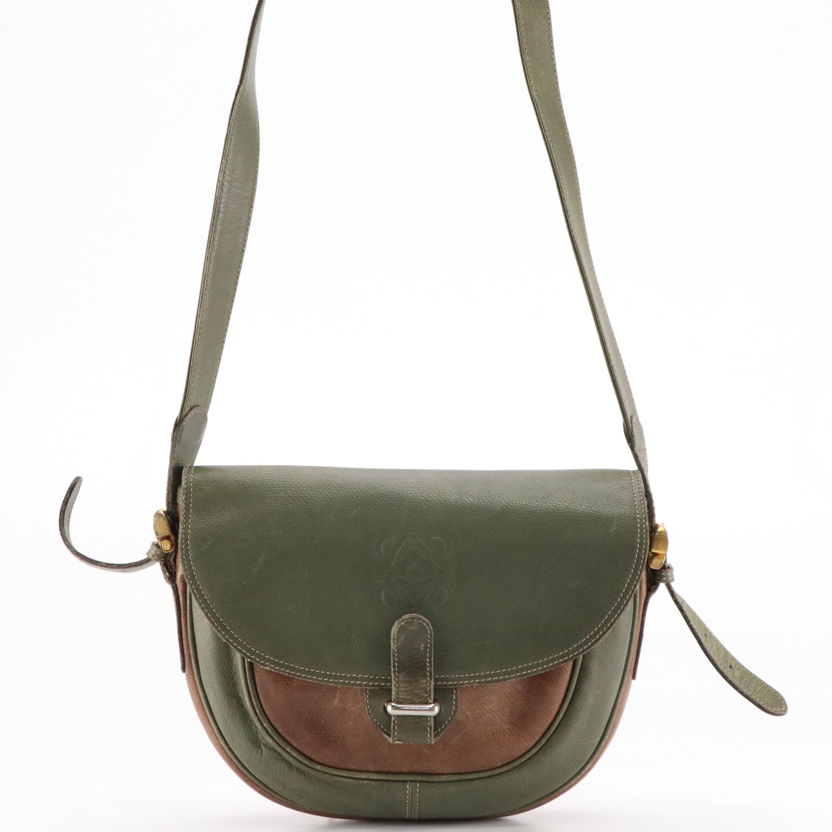 Loewe Vintage Crossbody Bag in Olive Green and Brown Grained Leather