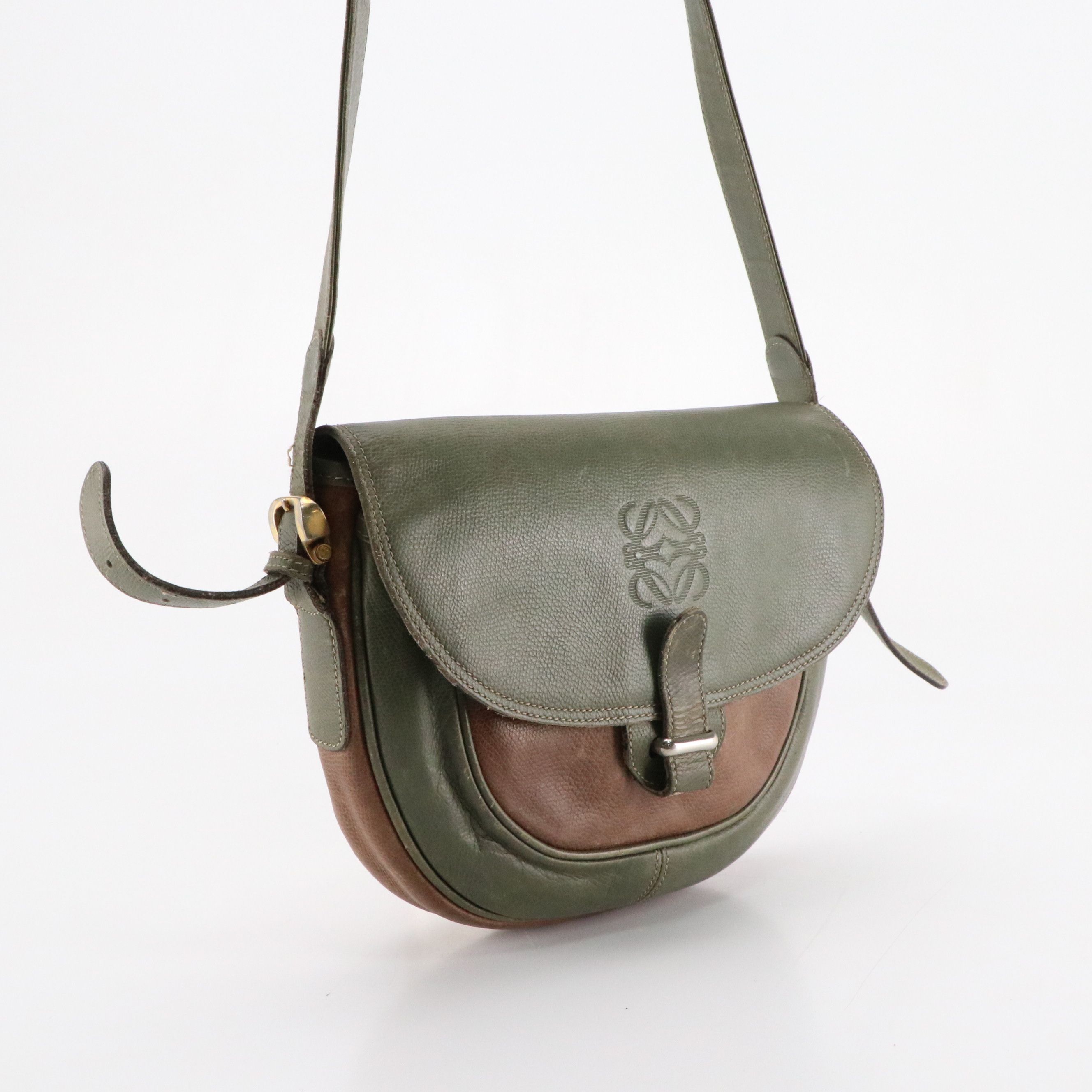 Loewe Vintage Crossbody Bag in Olive Green and Brown Grained Leather