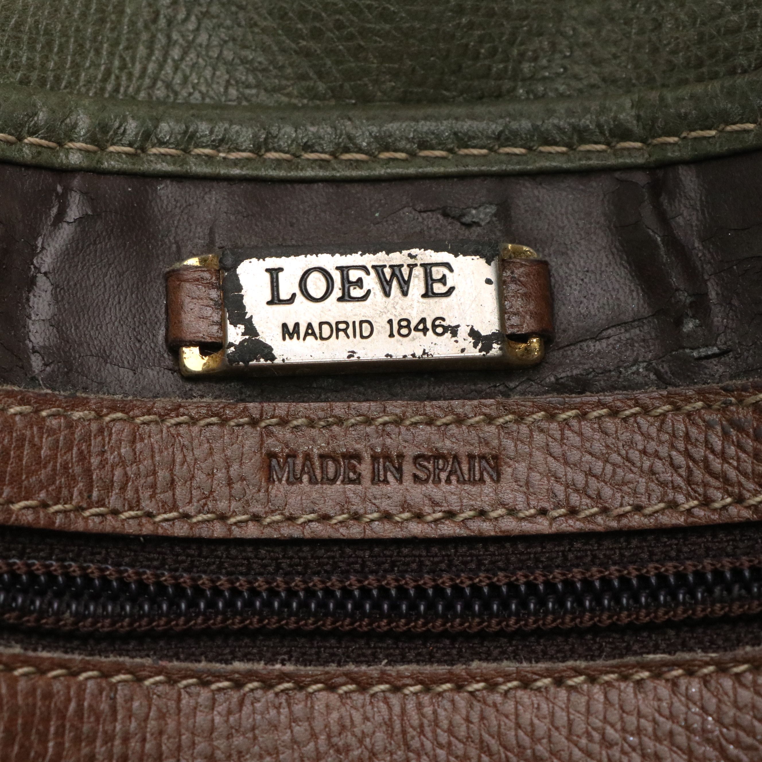 Loewe Vintage Crossbody Bag in Olive Green and Brown Grained Leather