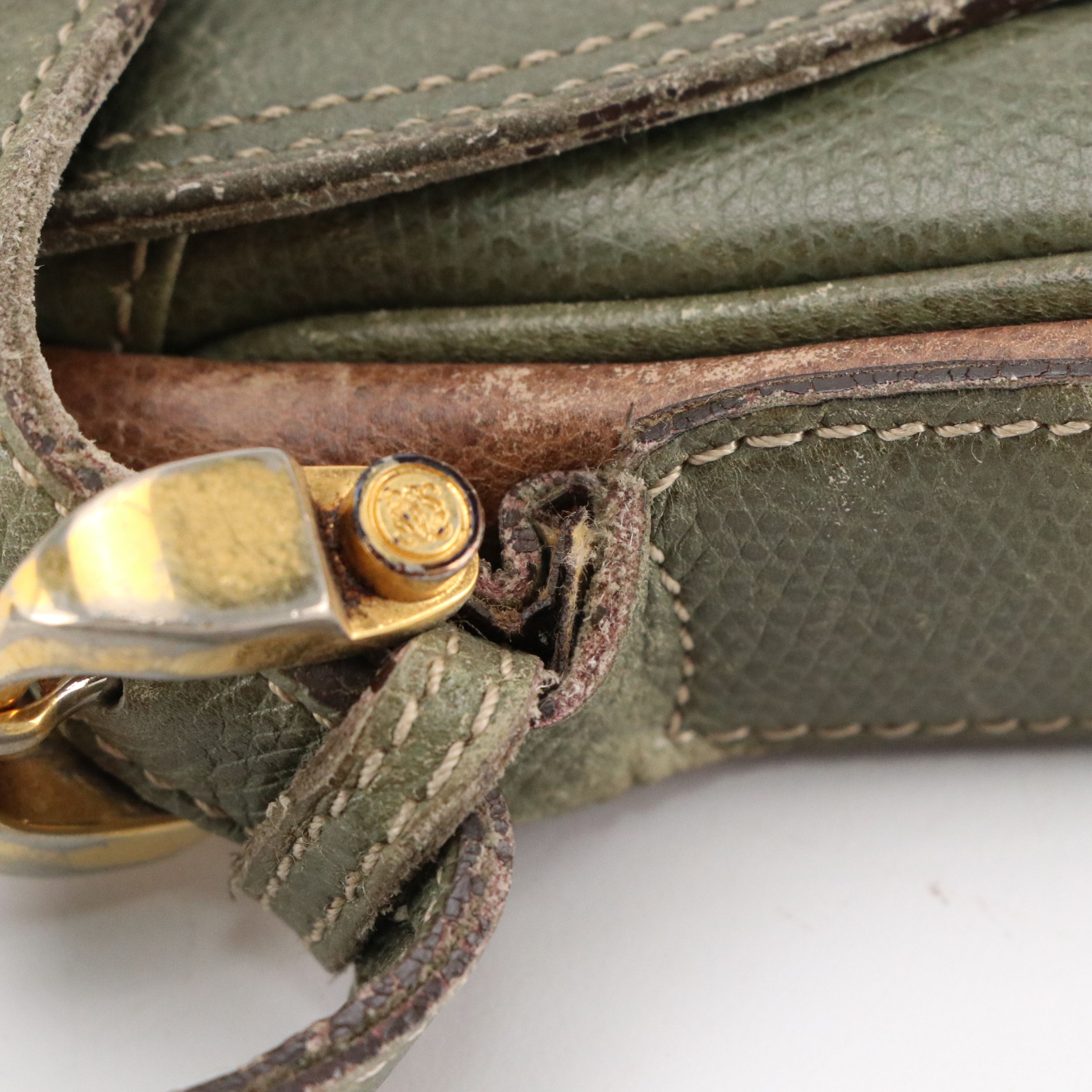 Loewe Vintage Crossbody Bag in Olive Green and Brown Grained Leather