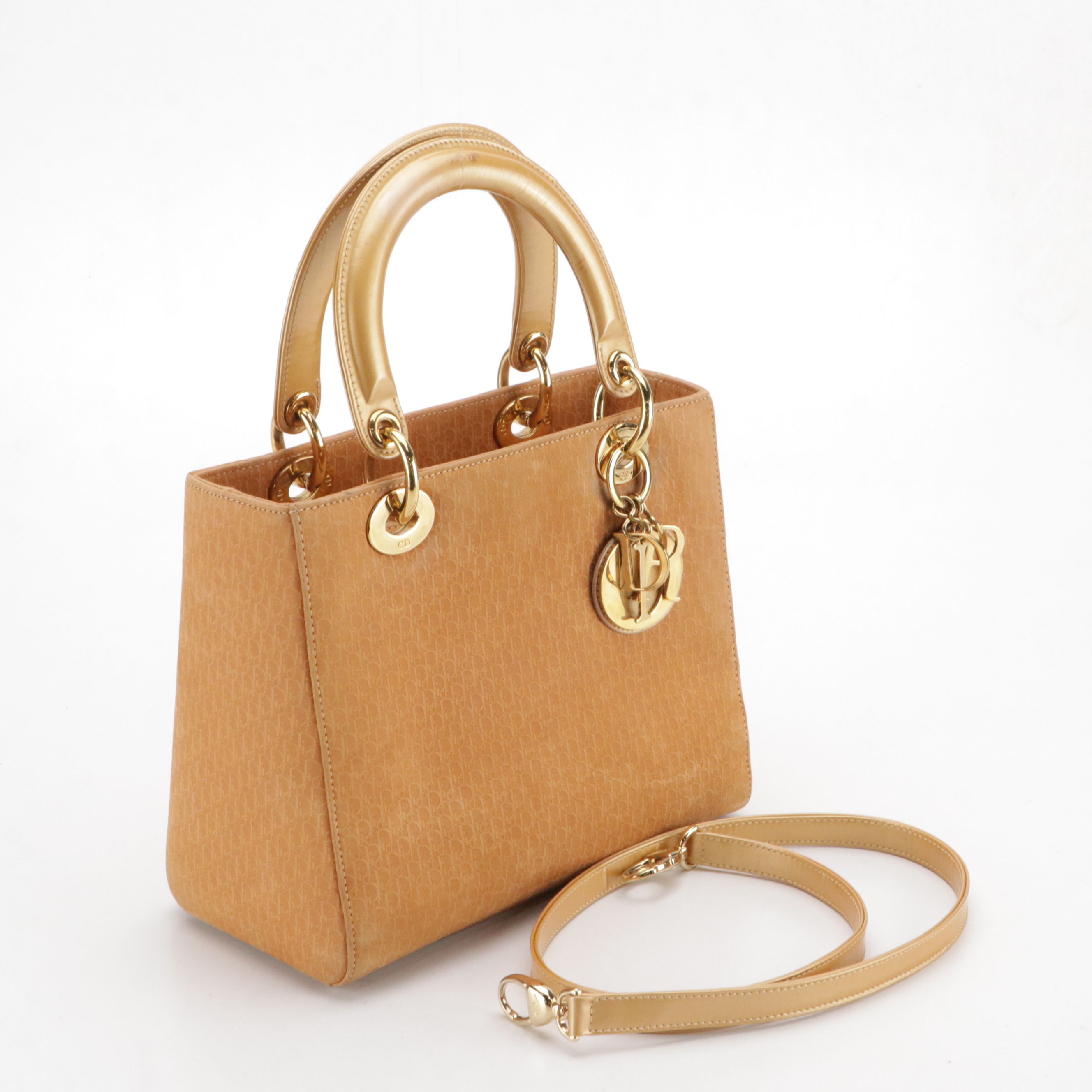 Christian Dior Lady Dior Two-Way Bag in Diorissimo Suede & Metallic Gold Leather