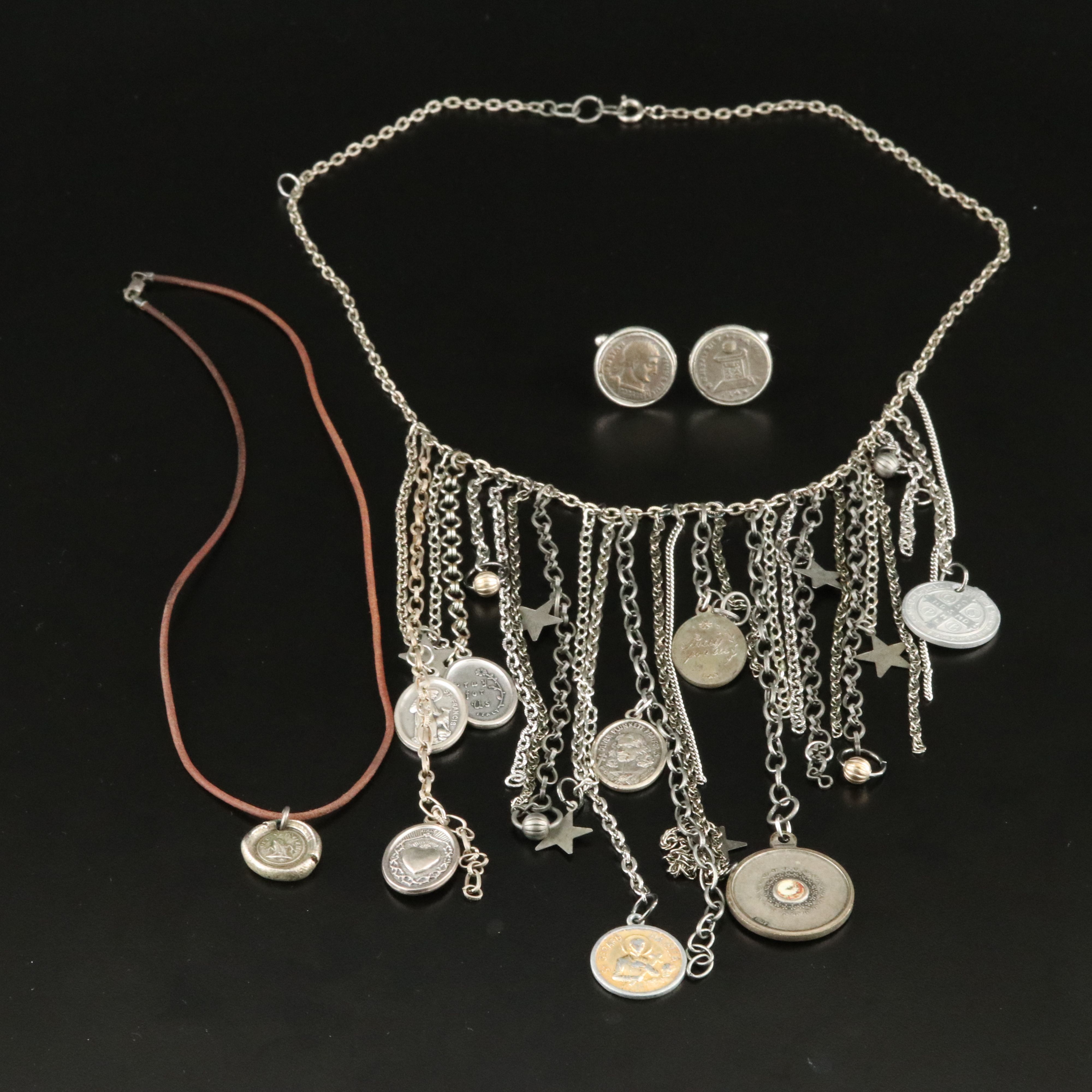 Ancient Roman Coin Cufflinks with Ecclesiastical Fringe and Medallion Necklaces