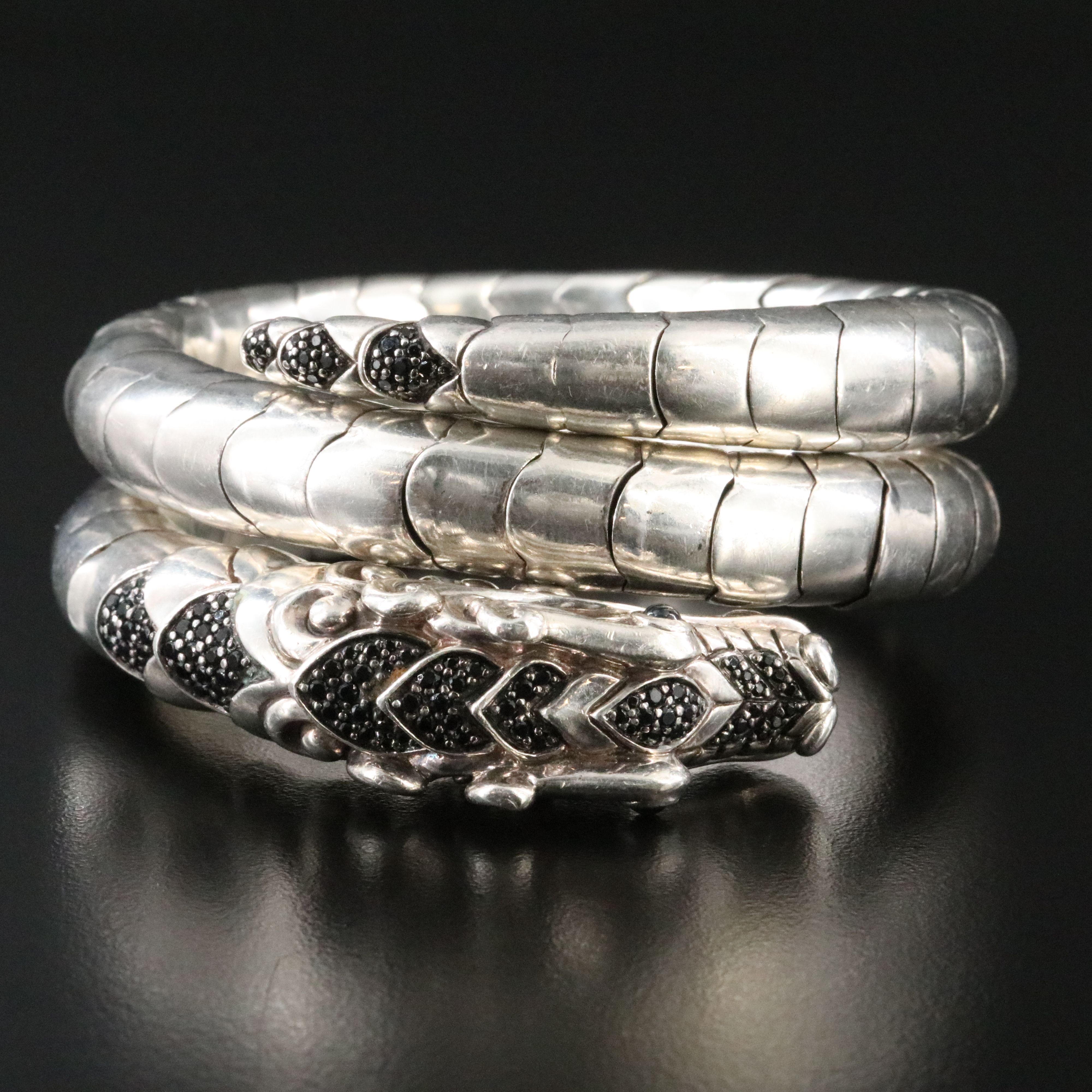 John Hardy  Legends Naga Sterling and Black Sapphire Double Coil Dragon Bracelet