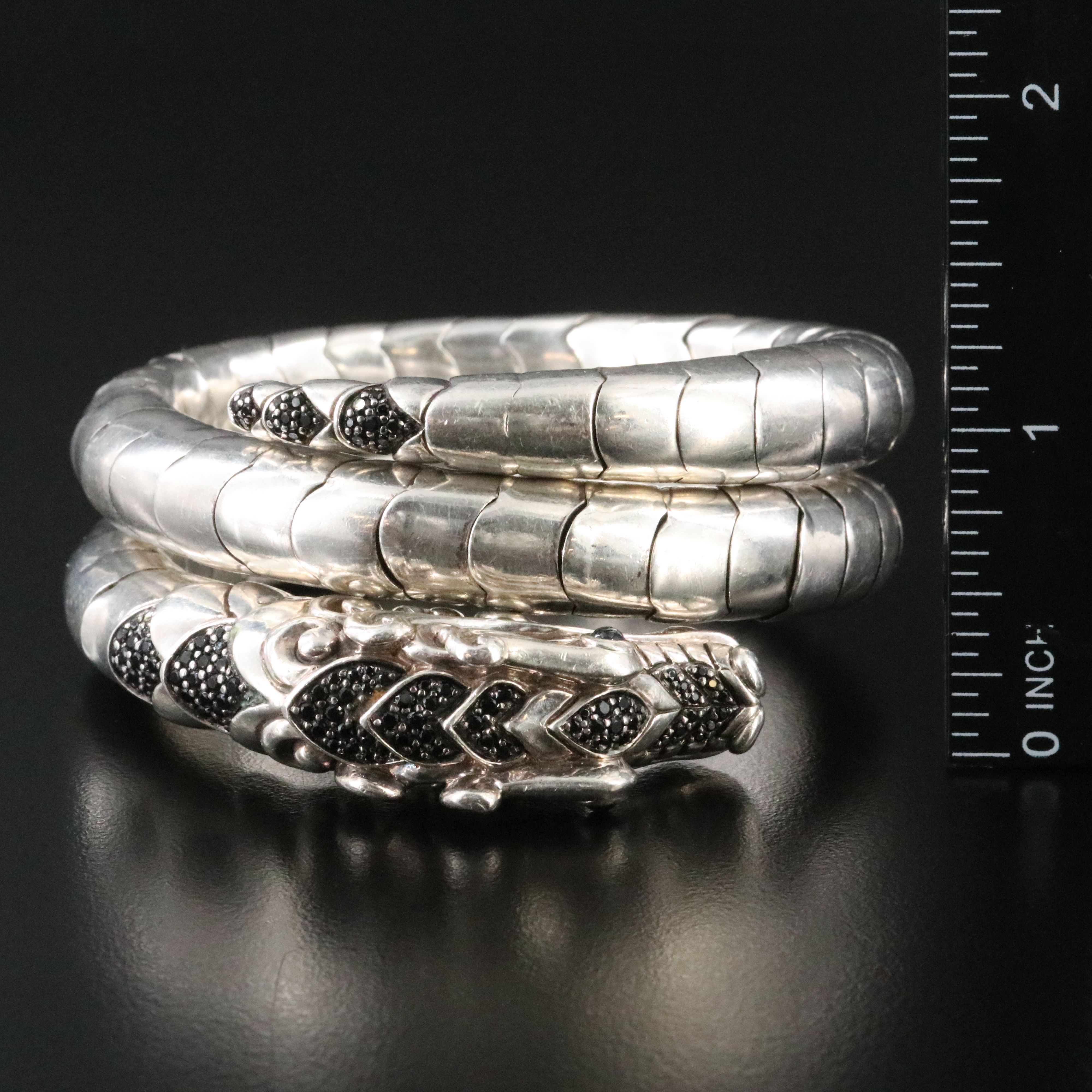 John Hardy  Legends Naga Sterling and Black Sapphire Double Coil Dragon Bracelet