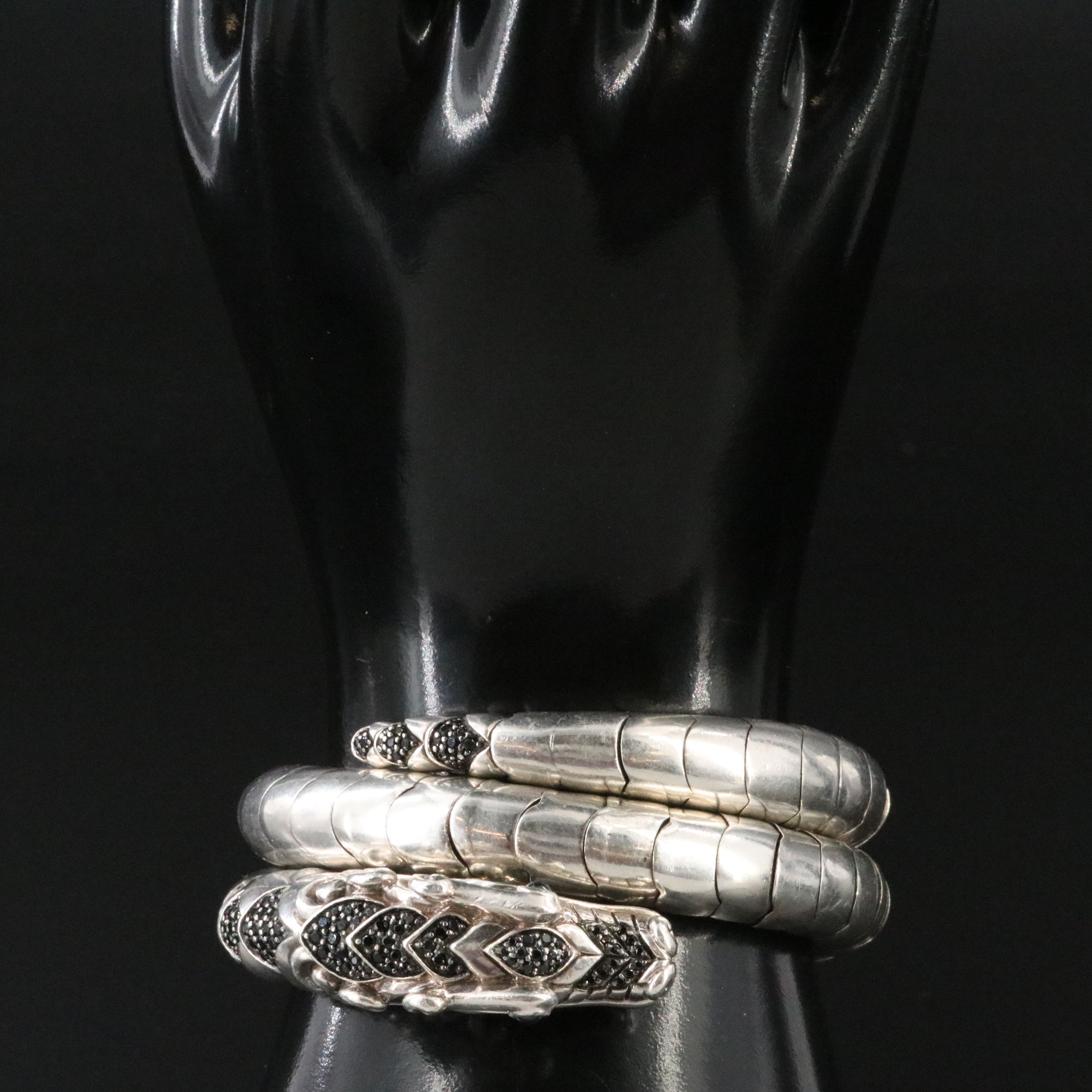John Hardy  Legends Naga Sterling and Black Sapphire Double Coil Dragon Bracelet