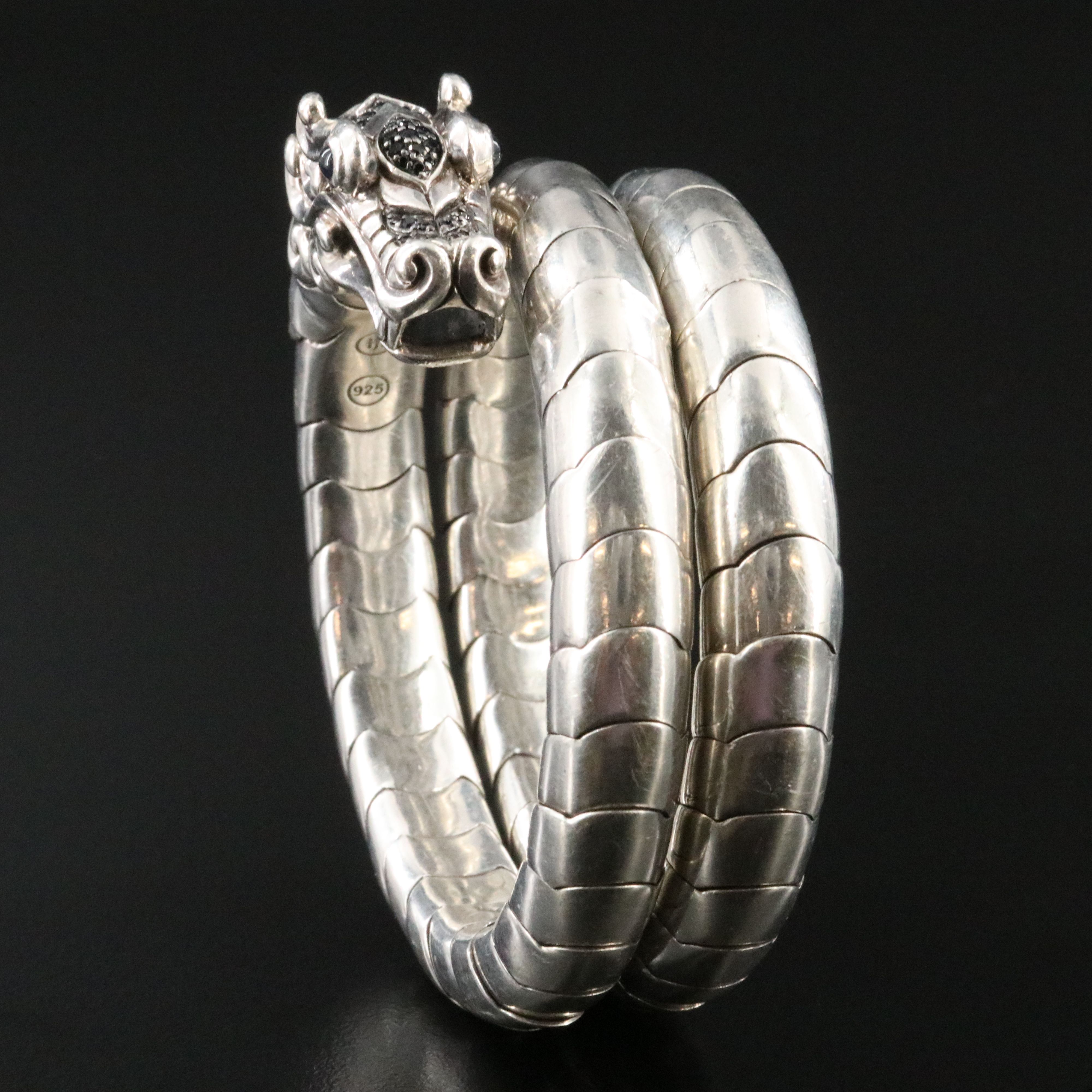 John Hardy  Legends Naga Sterling and Black Sapphire Double Coil Dragon Bracelet