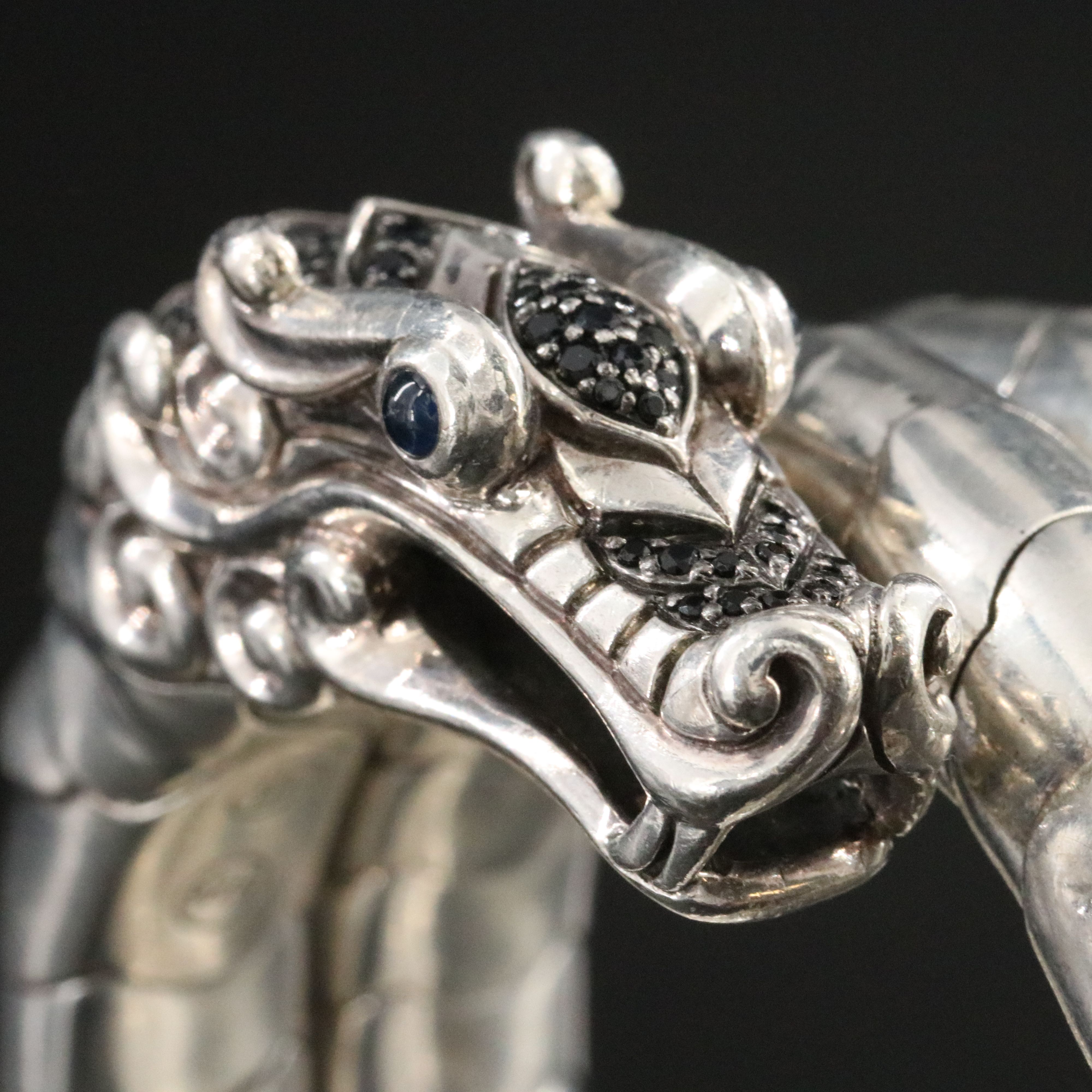 John Hardy  Legends Naga Sterling and Black Sapphire Double Coil Dragon Bracelet