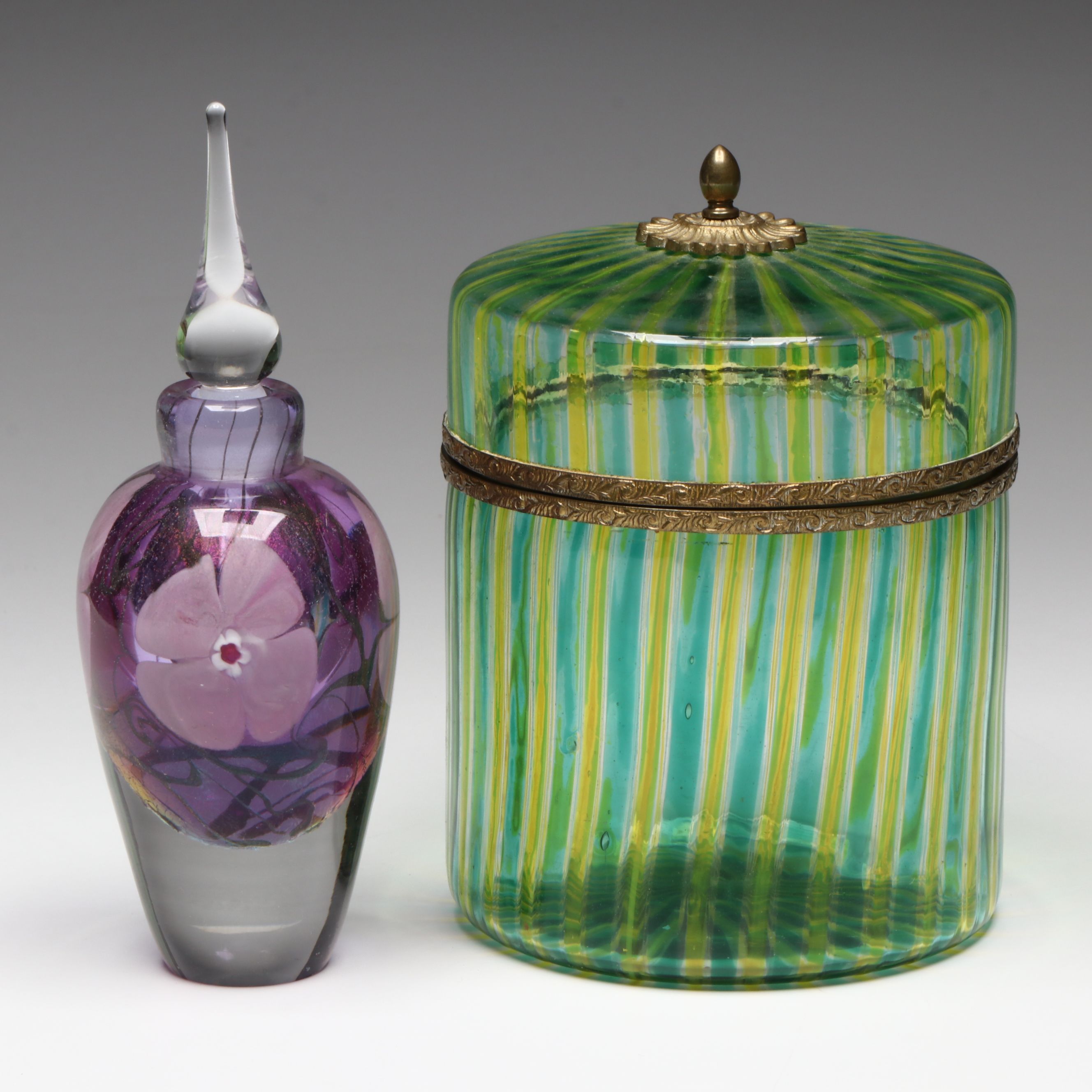 Jerry Vandermark Blown Art Glass Perfume Bottle with Murano Style Filigrana Jar