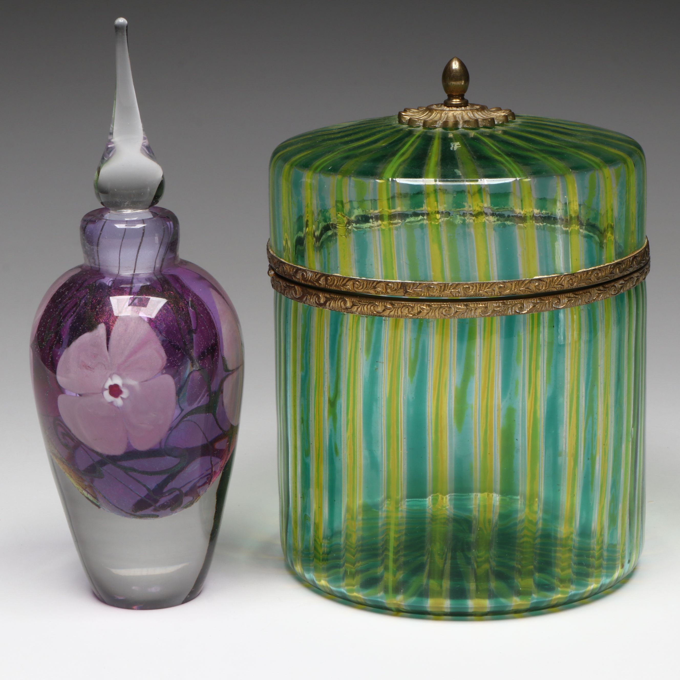 Jerry Vandermark Blown Art Glass Perfume Bottle with Murano Style Filigrana Jar