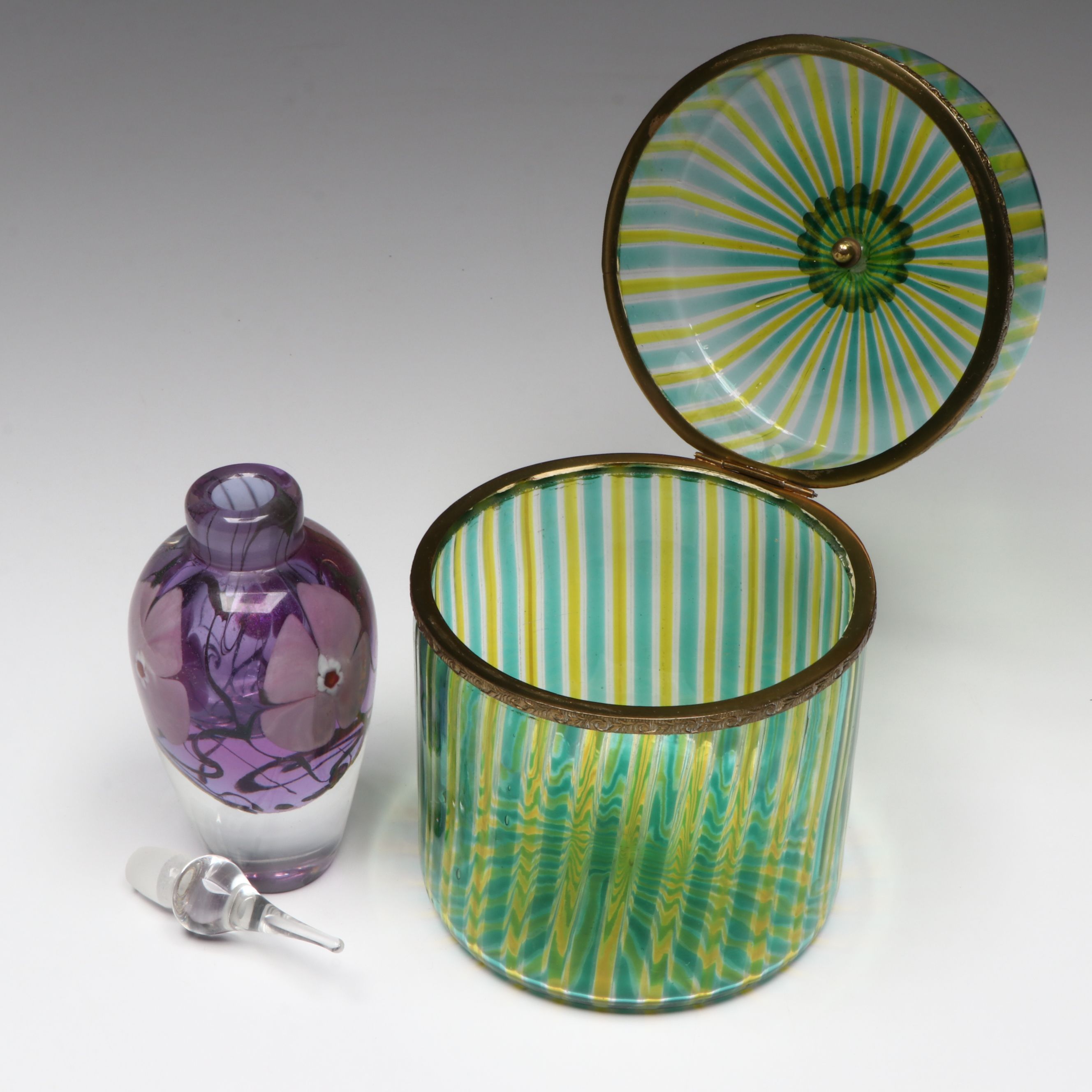 Jerry Vandermark Blown Art Glass Perfume Bottle with Murano Style Filigrana Jar