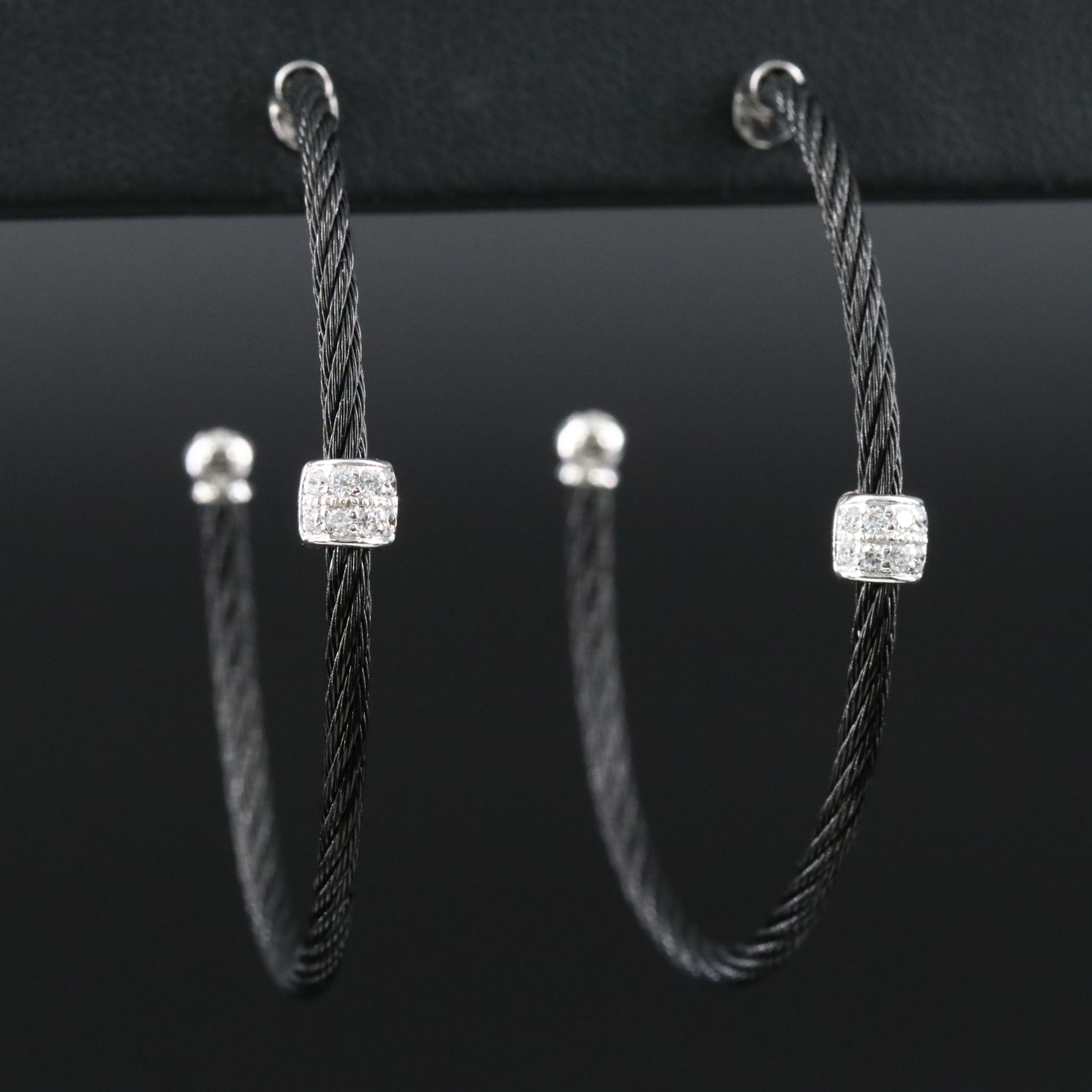 Alor Noir Stainless Steel Barrel Hoop Earrings with 18K Diamond Accents