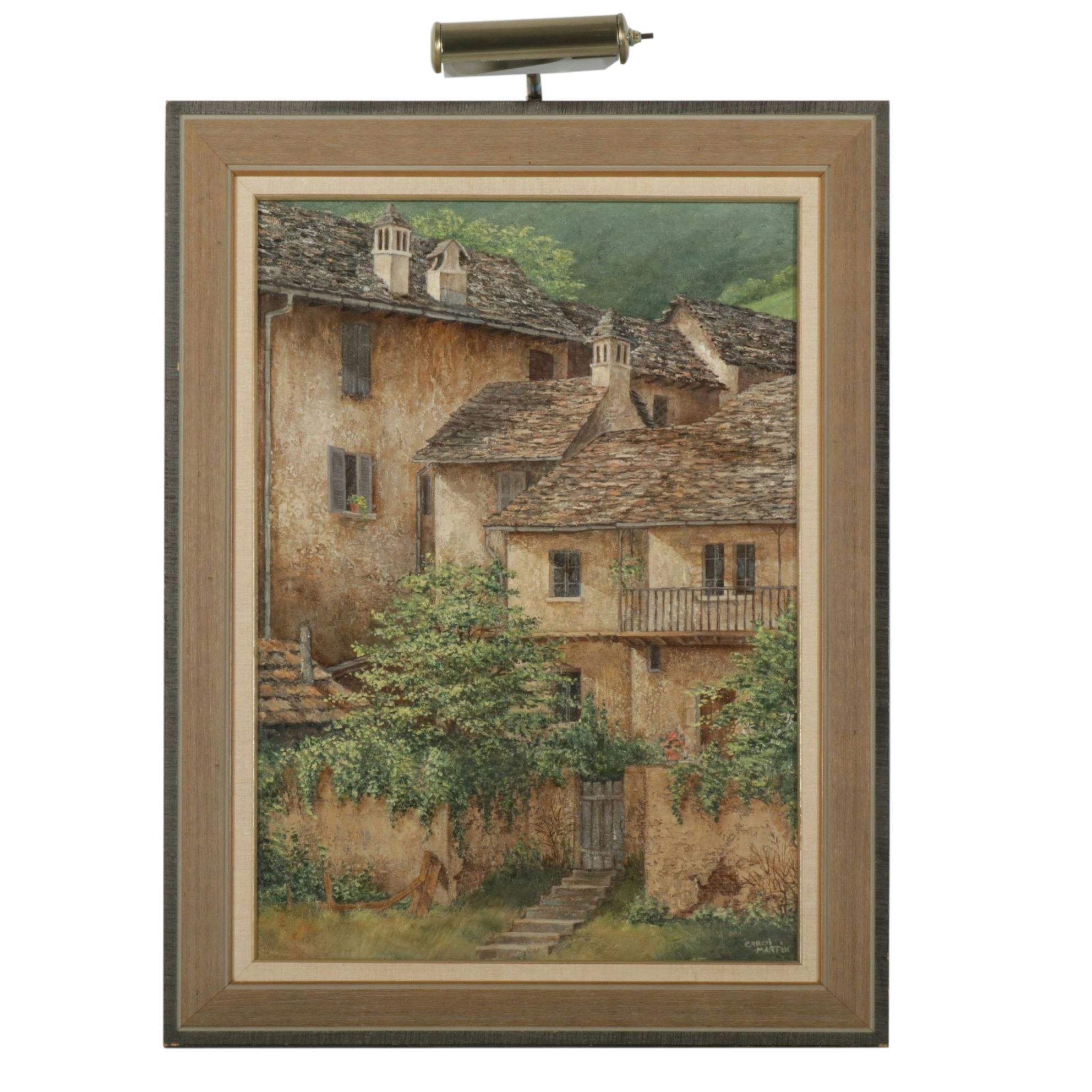 Carol Martin Oil Painting of Foliage Covered Facades, Late 20th Century