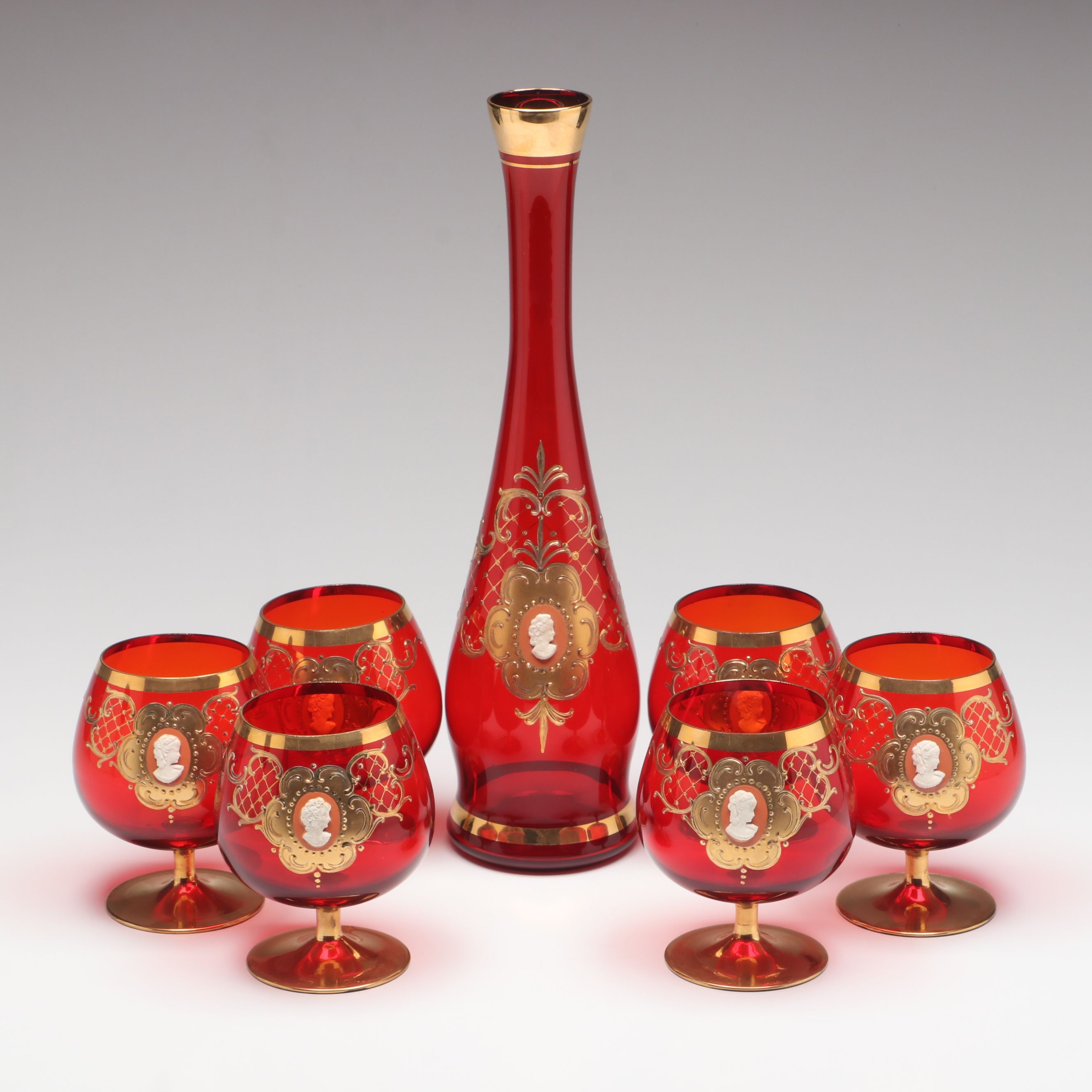 Gilt Decorated Ruby Glass Brandy Glasses and Decanter