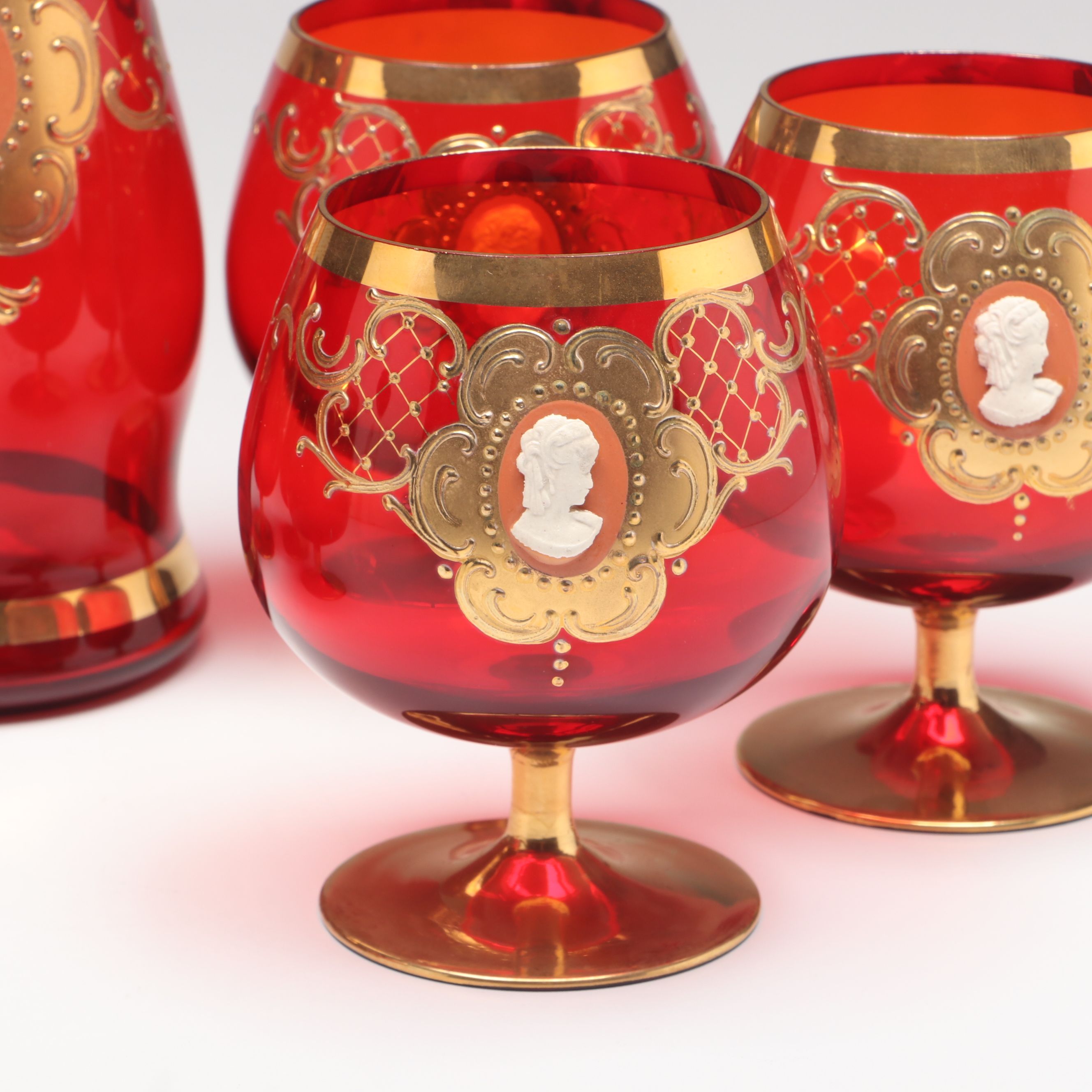 Gilt Decorated Ruby Glass Brandy Glasses and Decanter